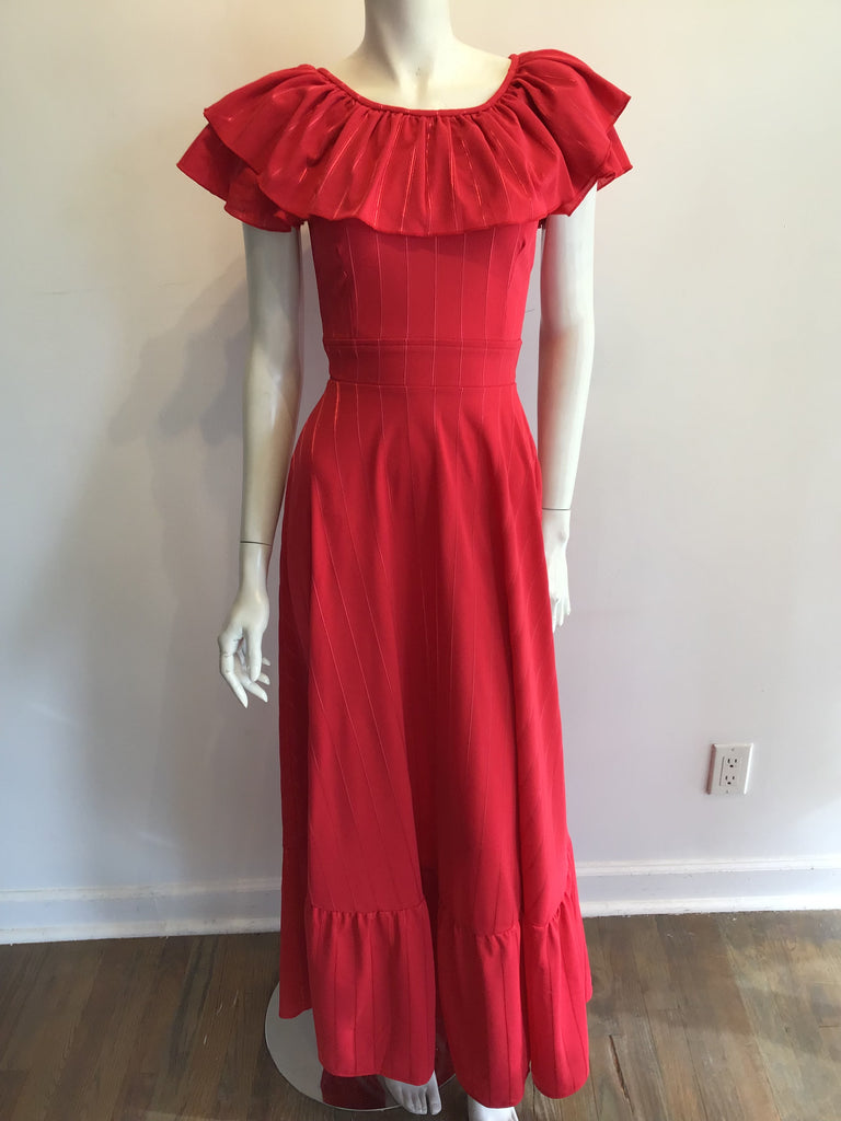 1970s Red Polyester Dress with Ruffle Neckline size 2