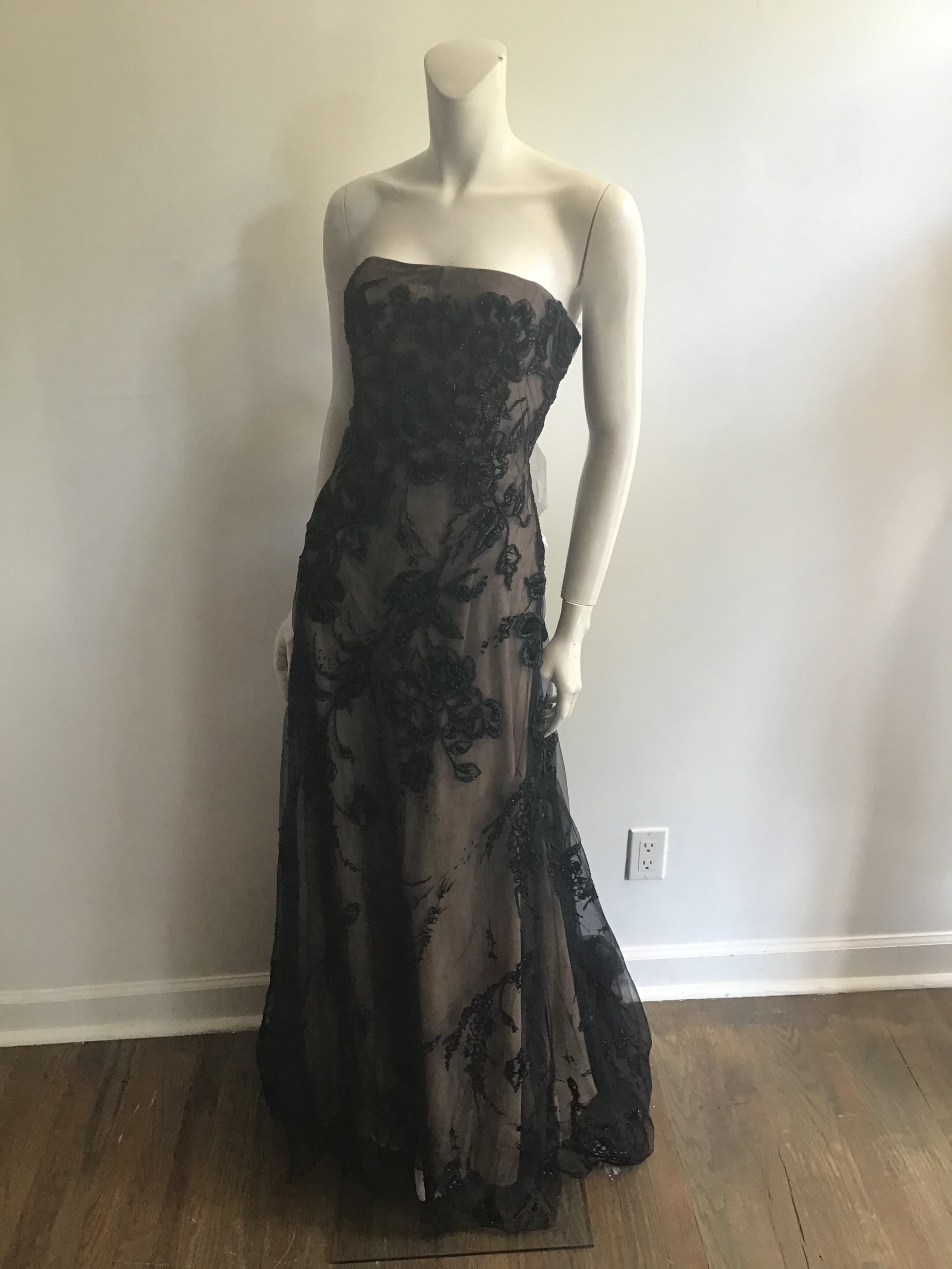 1990s Bagley Mischka Black/beige  Beaded Evening Gown with Train-10/12