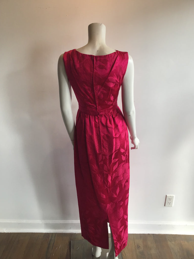 1960s De Penna Raspberry silk brocade evening dress
