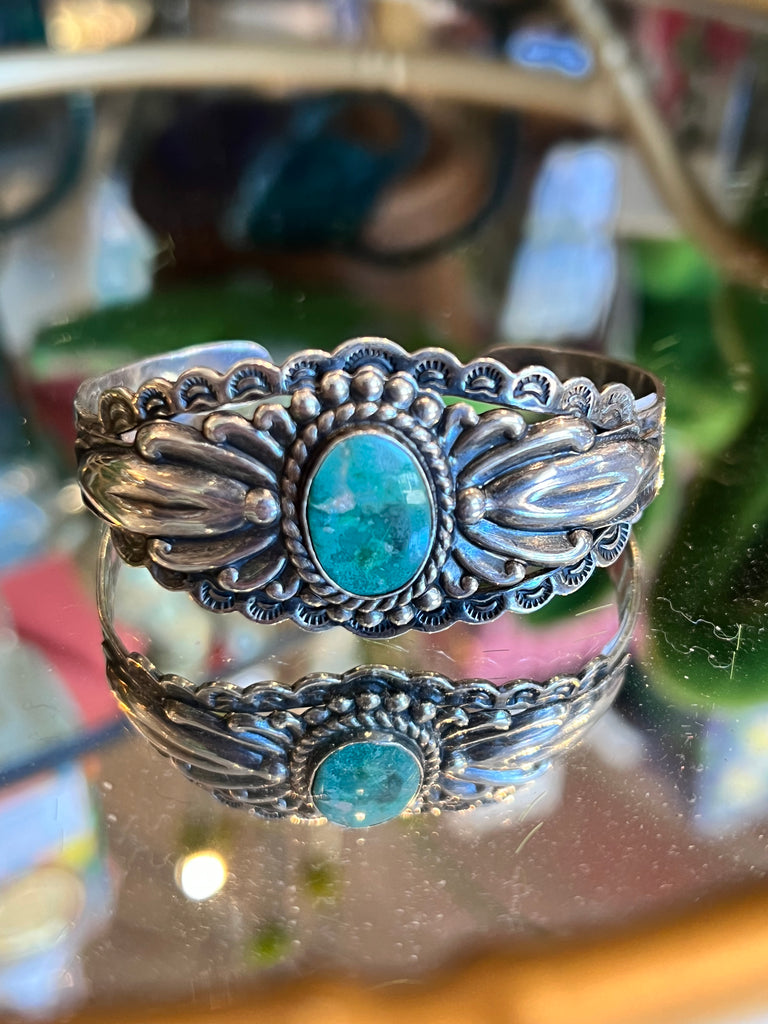 Navajo Sterling Cuff with Turquoise center stone -1970's