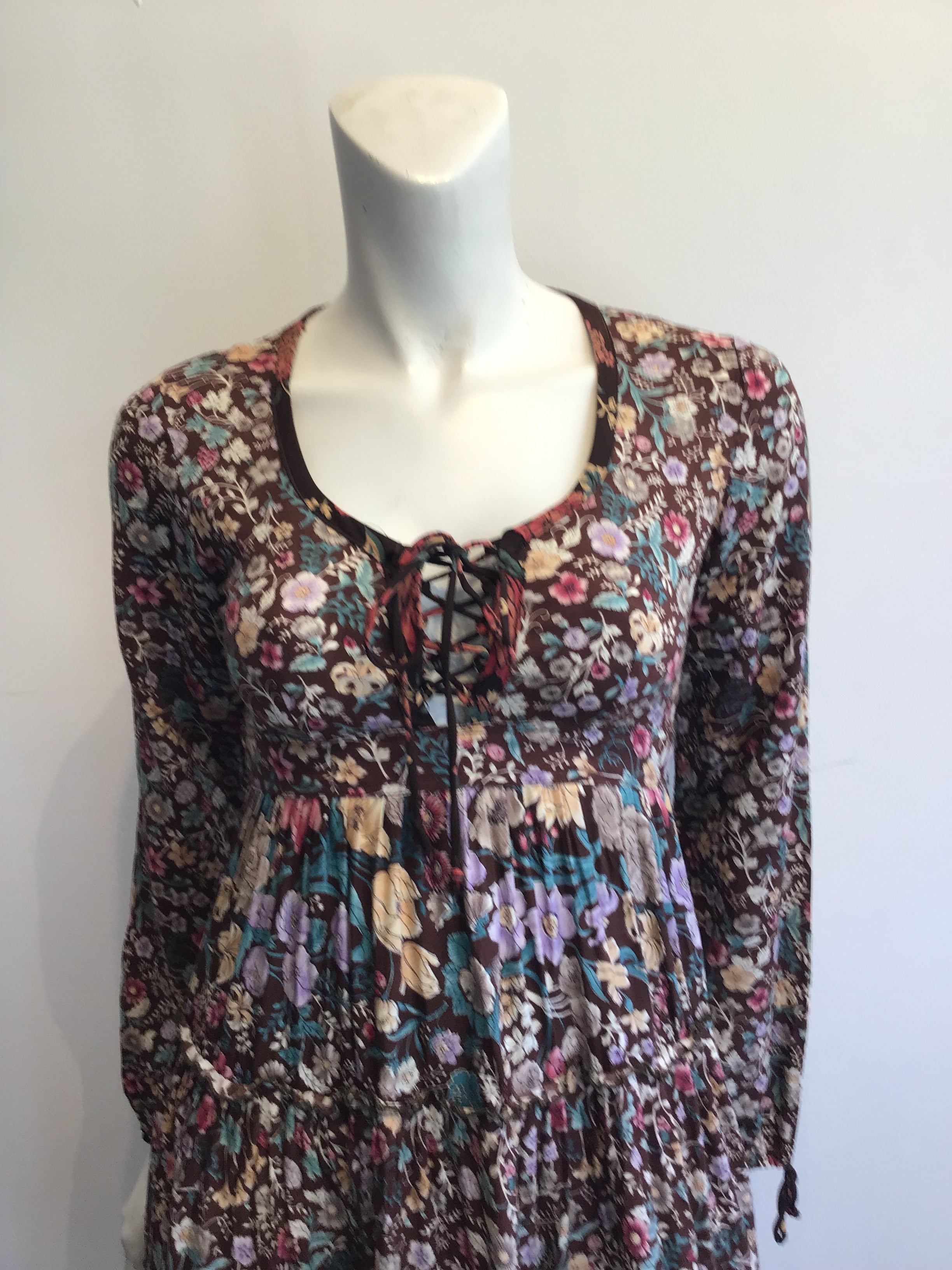 1970s Brown Floral Cotton Dress Size 4