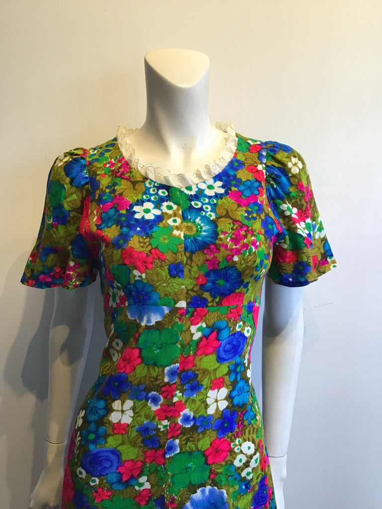 1970’s Green Floral Cotton/Polyester Lace Trim Maxi Dress Size 8/9