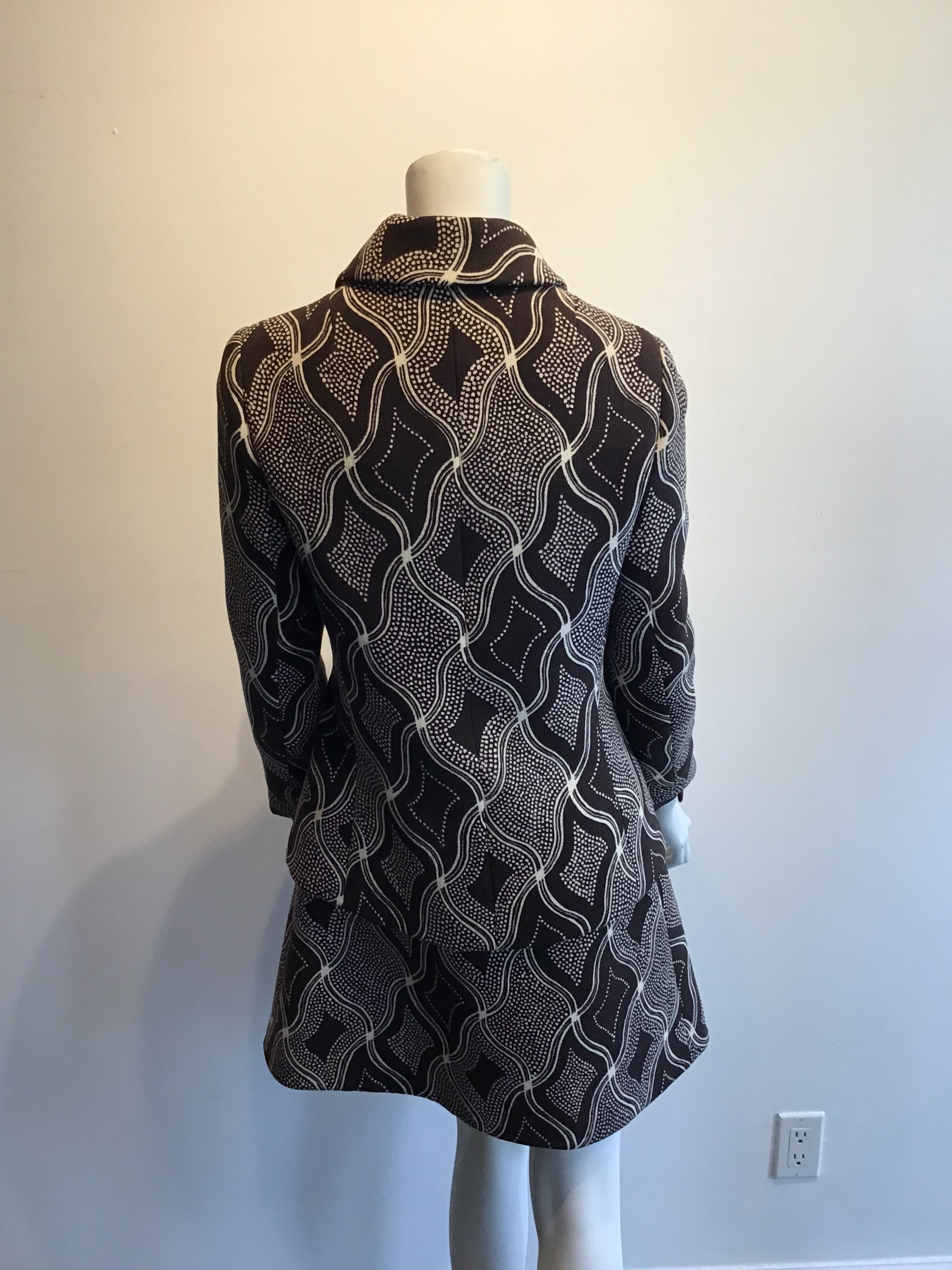 1960s Wool/Wool Crepe Brown Printed Dress with Jacket and Scarf Size 8