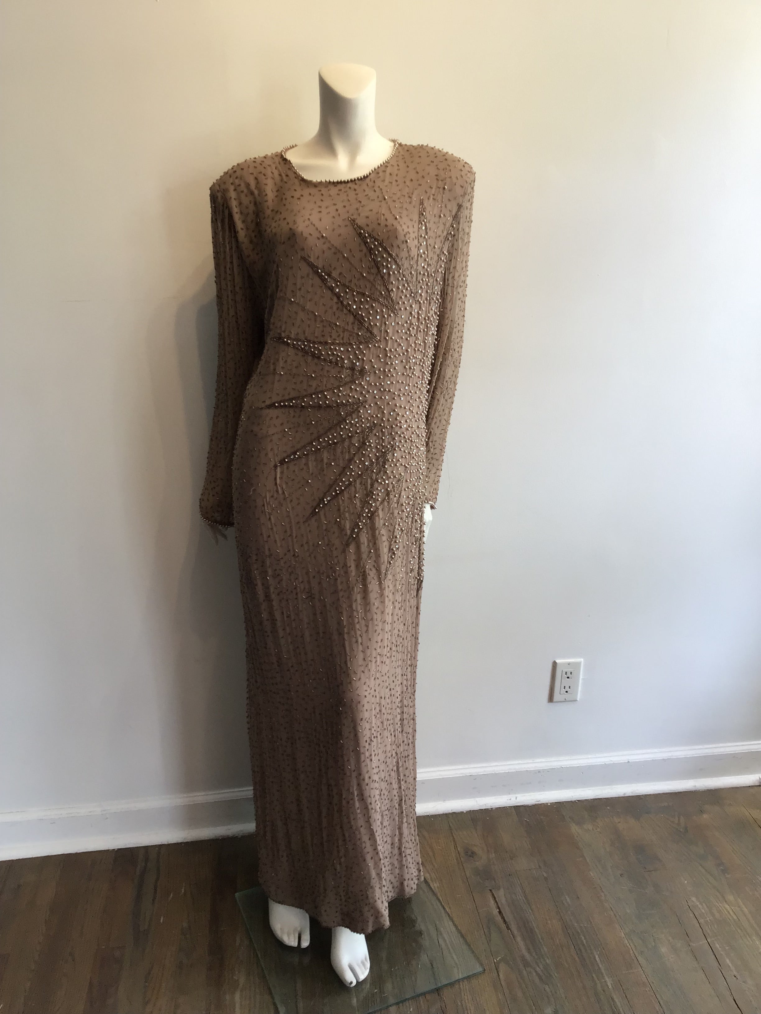 2000’s Oleg Cassini Taupe Silk Beaded Evening Dress Size 16