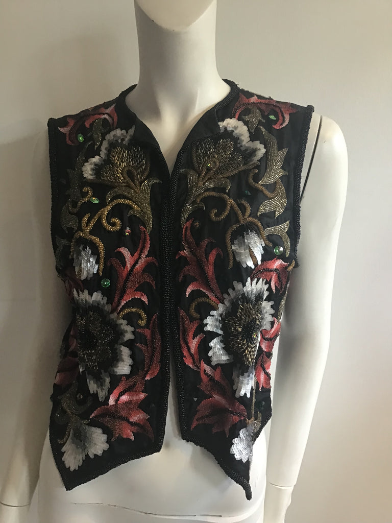 1980s embroidered black beaded and sequinned multicolor vest