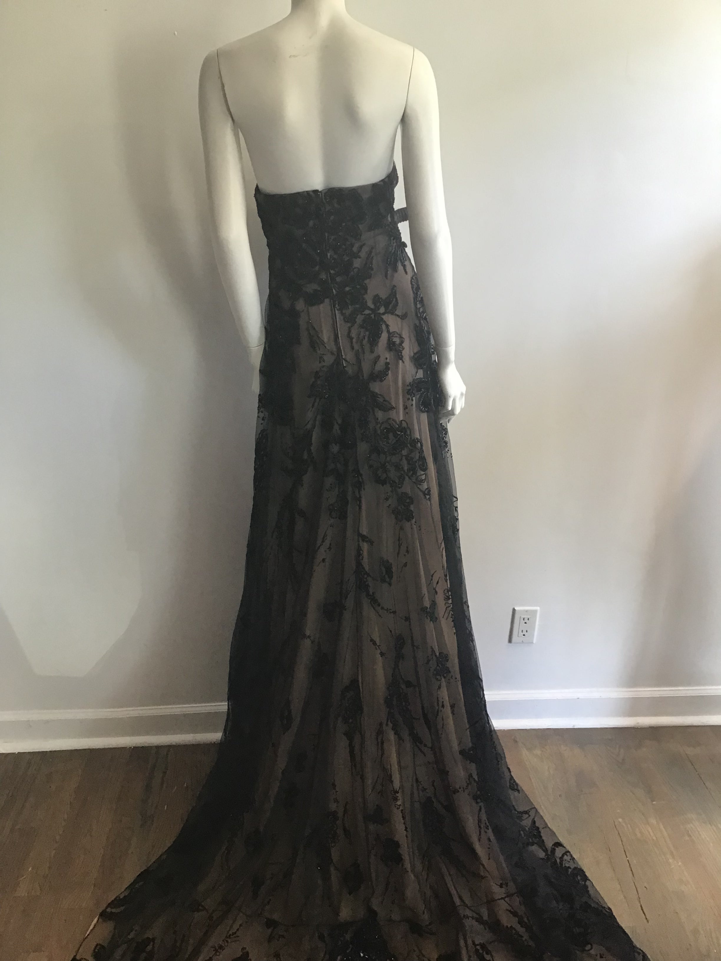 1990s Bagley Mischka Black/beige  Beaded Evening Gown with Train-10/12