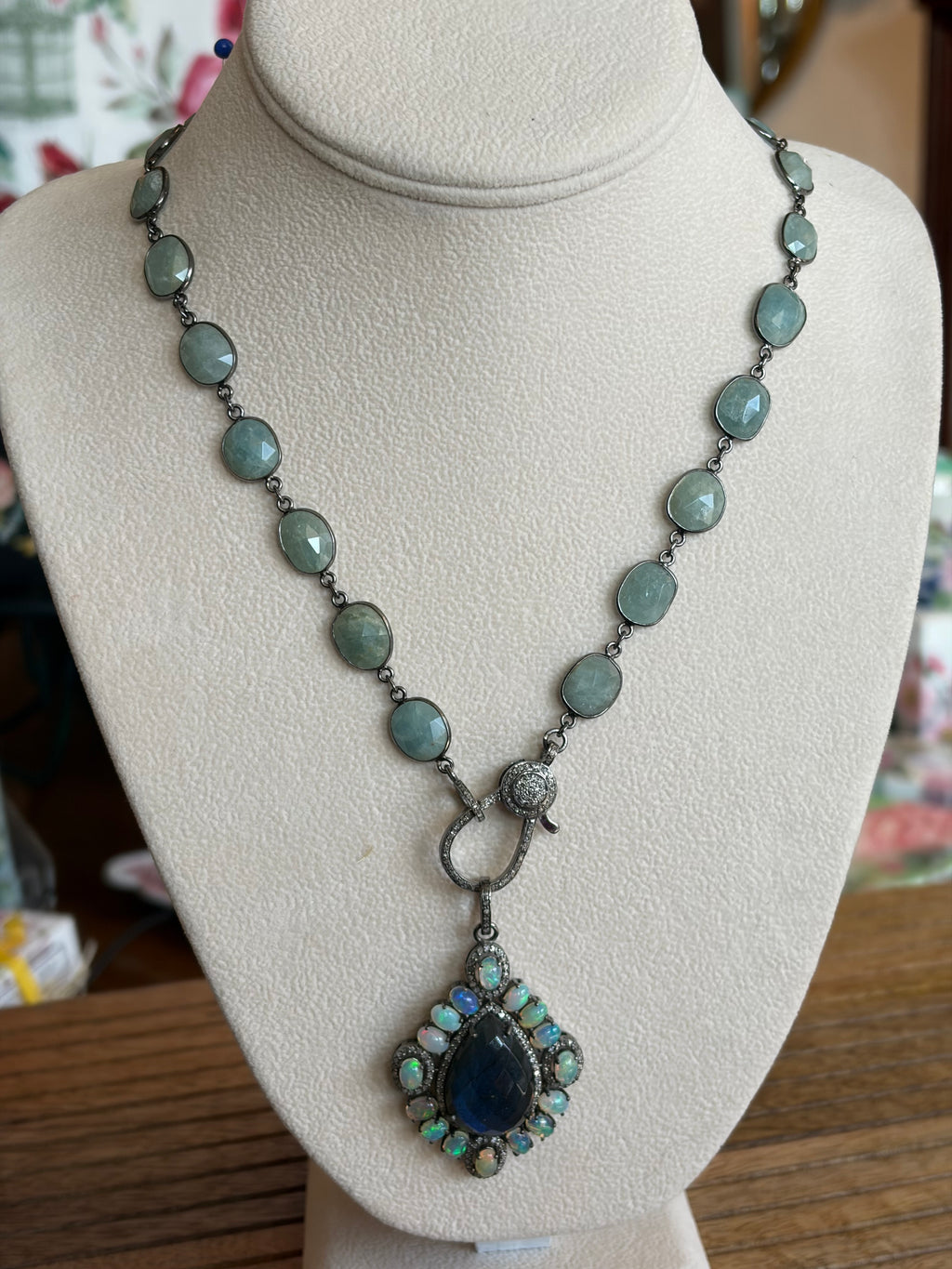 Large Labradorite with Fire Opals & Diamonds, Sterling Silver Pendant Necklace