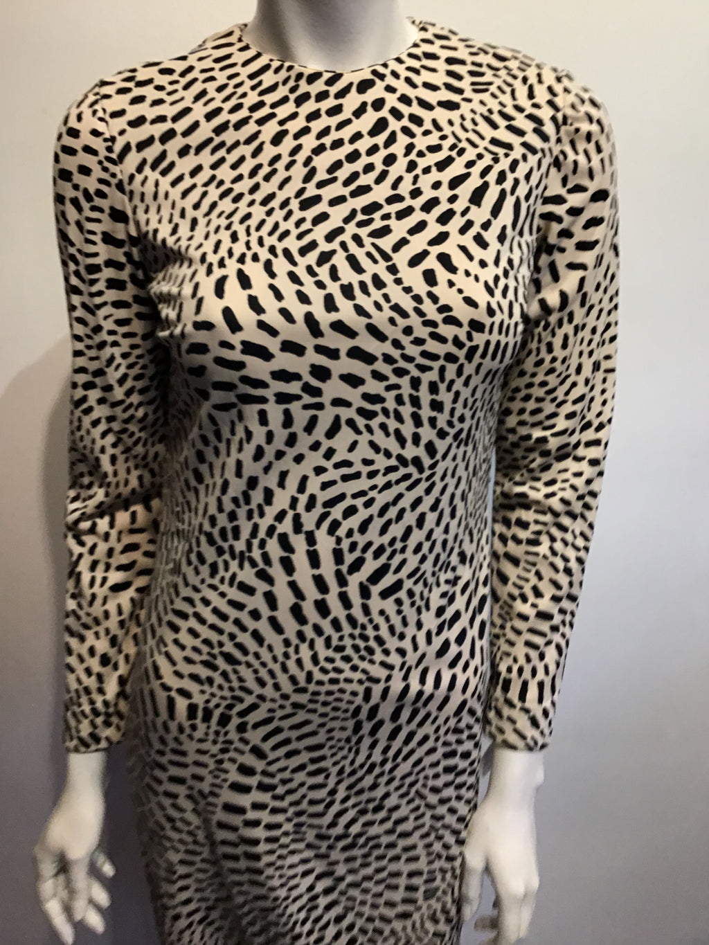 1970’s Richard Kaplan Cream/Black Printed Polyester Dress Size 8