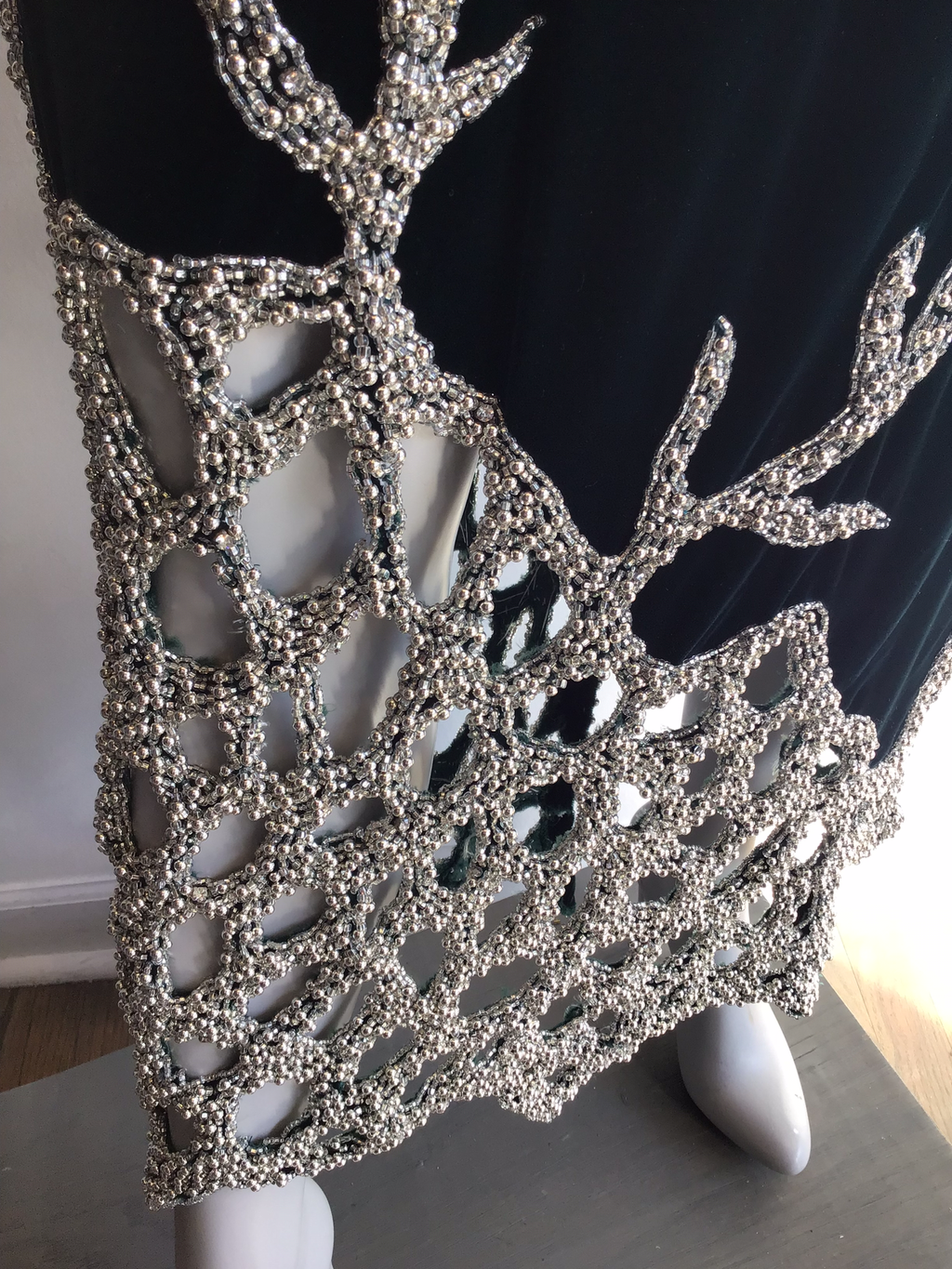 1980’s Forest Green Silk Velvet and Silver Beads Gown attributed to Bob Mackie Gown Size 8
