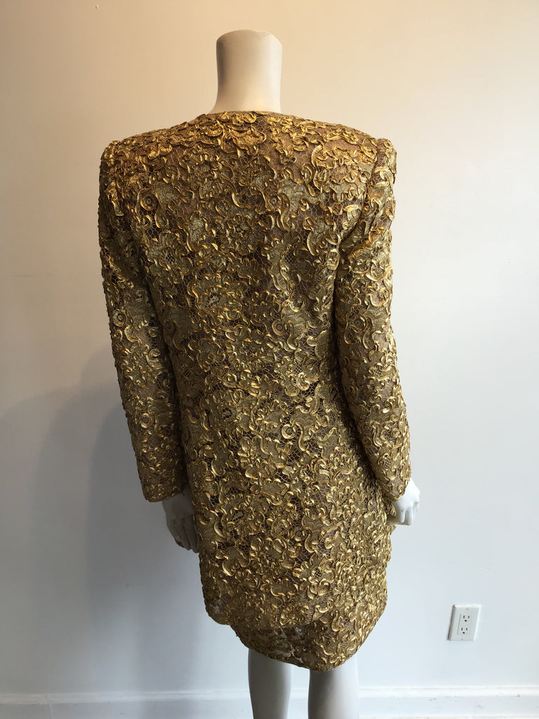 1980s Mary McFadden Unworn Couture two piece Gold Lace Dinner Suit