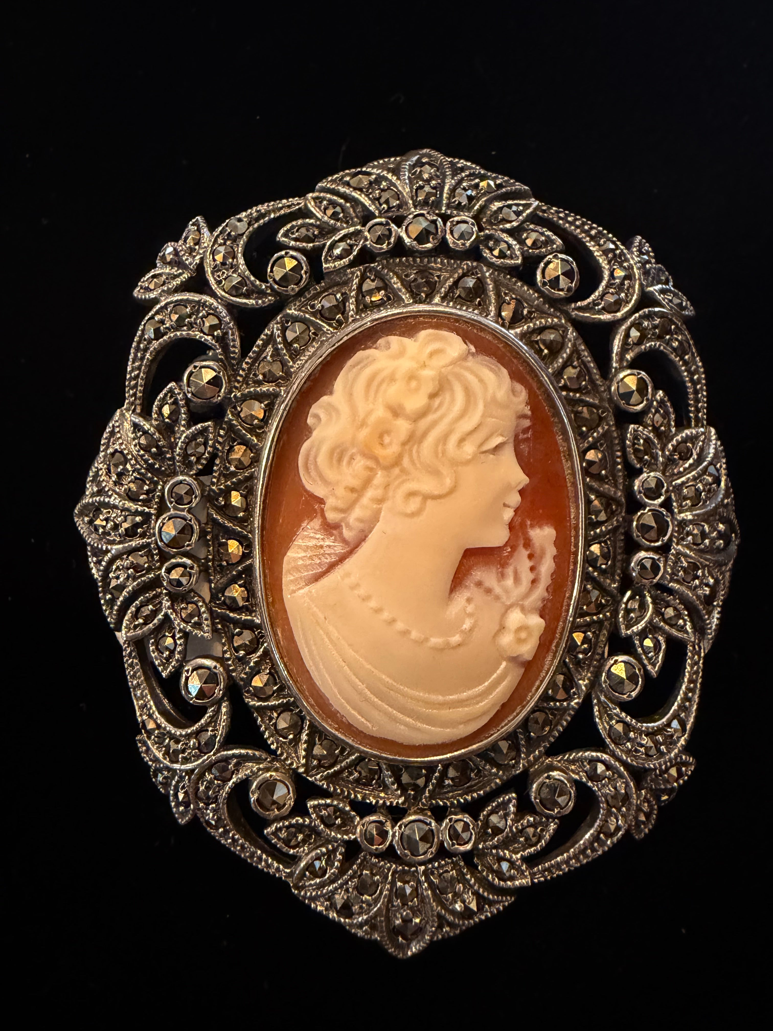 Vintage 1980's Antique Marcasite Cameo Pin / Brooch