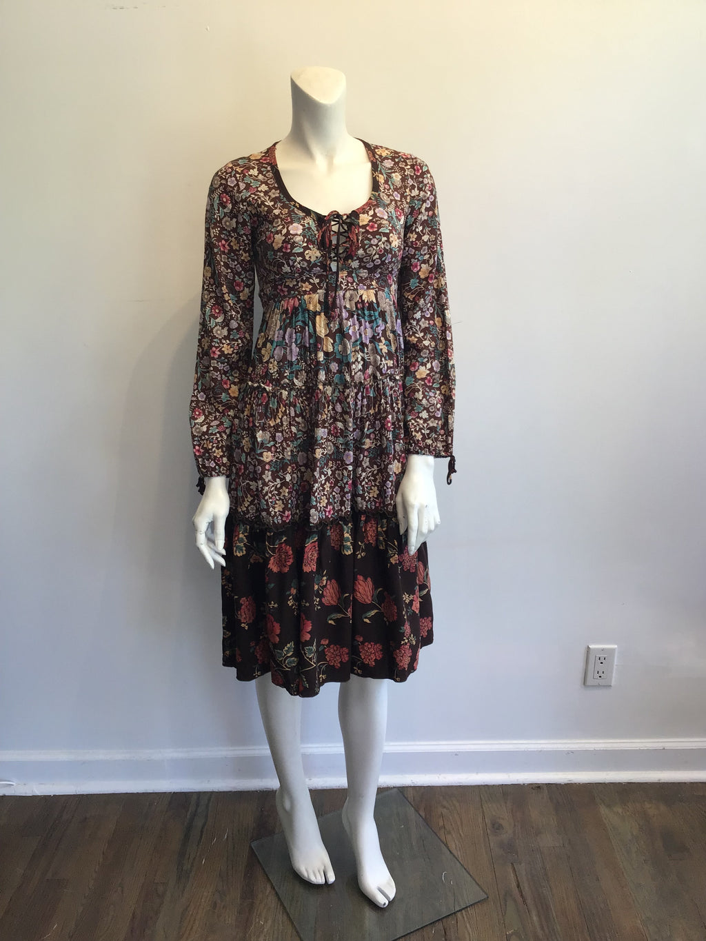 1970s Brown Floral Cotton Dress Size 4