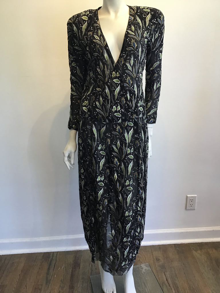 1980s 2 Piece Giorgio Armani Black,Gold and Greenembroidered  Chiffon Evening Ensemble Size 8