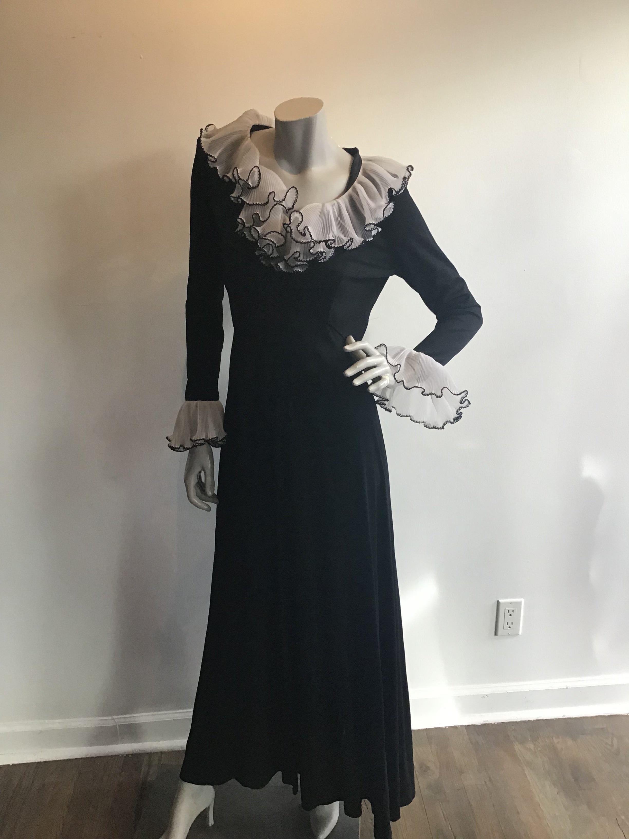 1970's Julie Miller Black Maxi Dress with White Ruffles