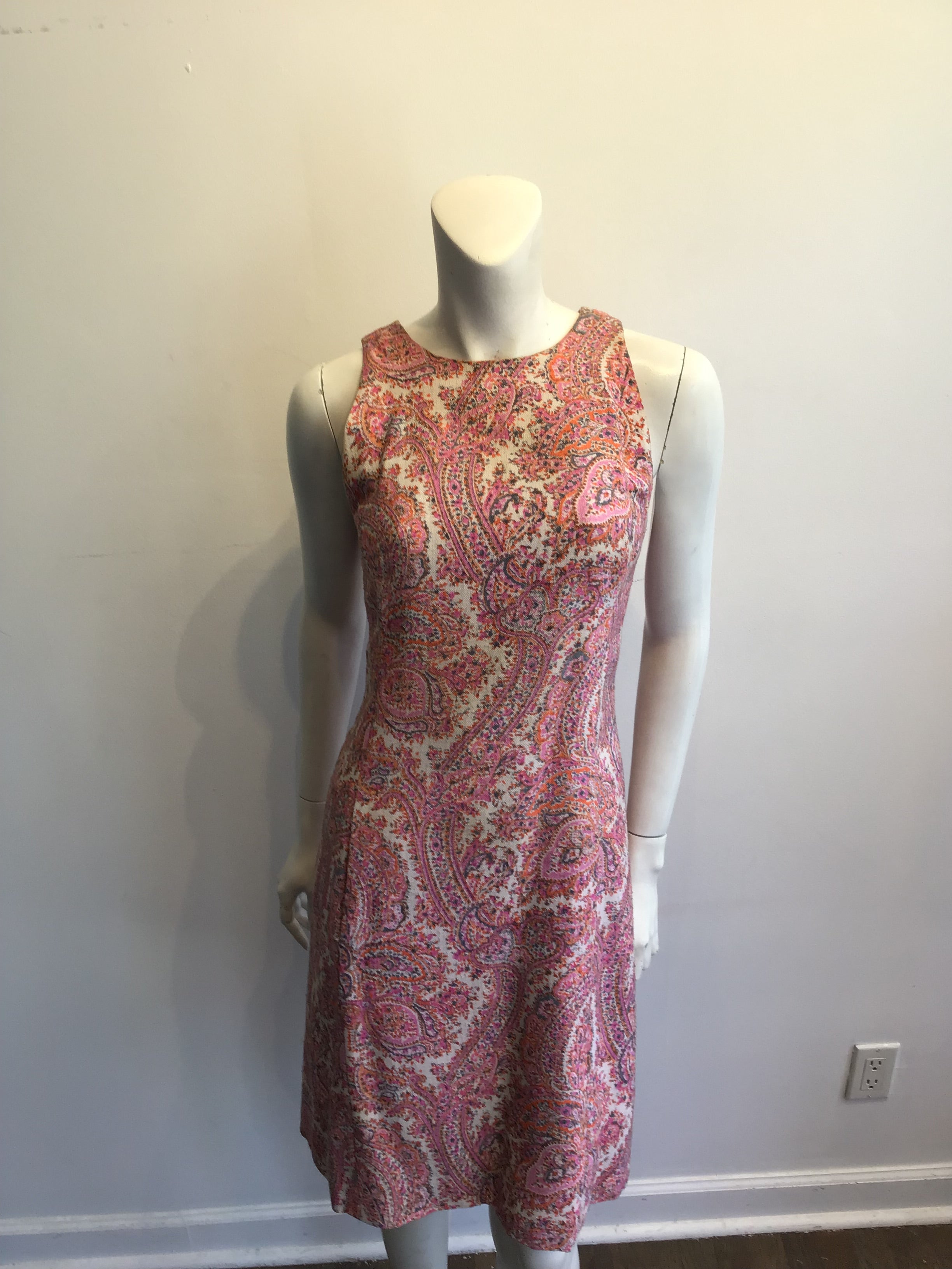 1960s Cotton Blend Pink Paisley Shift Dress Size 4