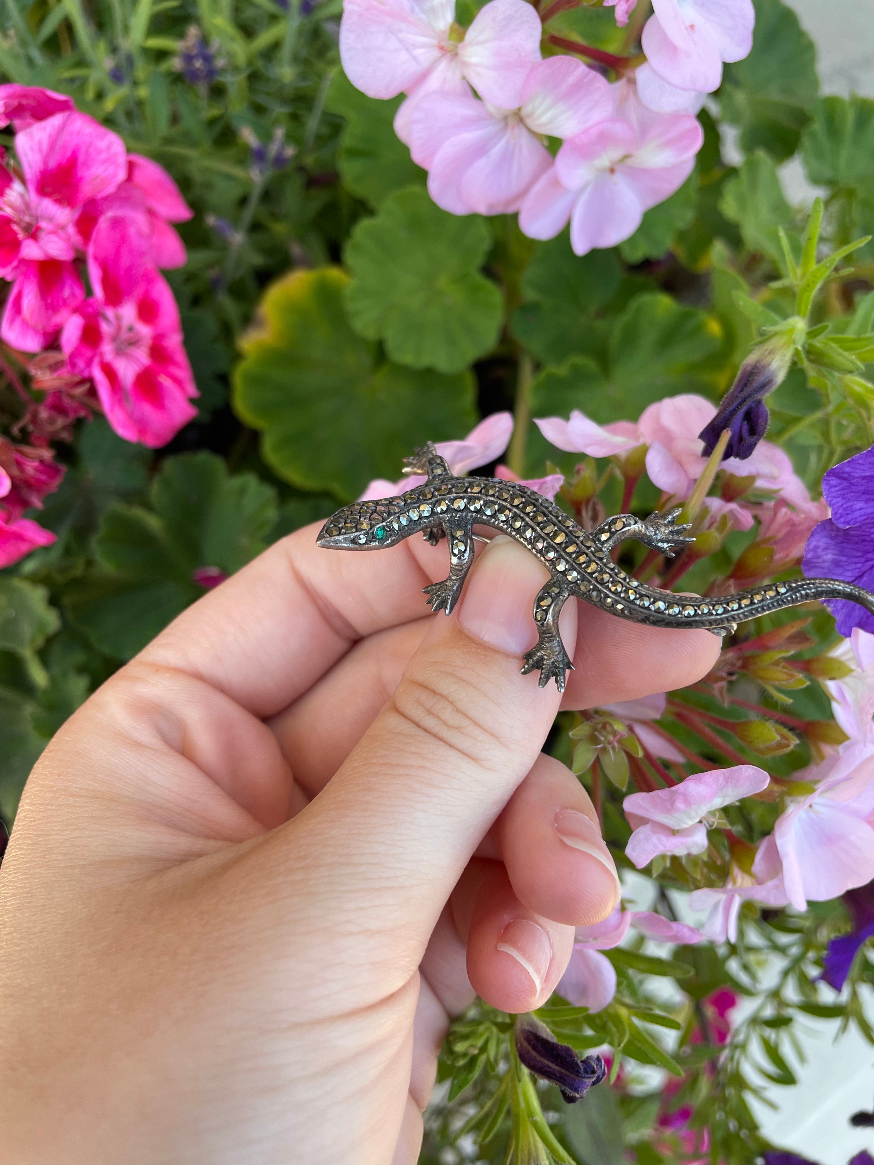 Sterling and Marcasite Vintage 80's Lizard Pin / Brooch