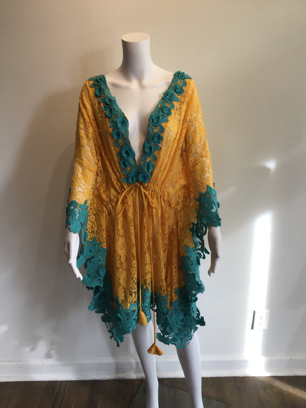 2000’s Antica Santoria Turquoise and Yellow Cotton Lace Cover Up One Size