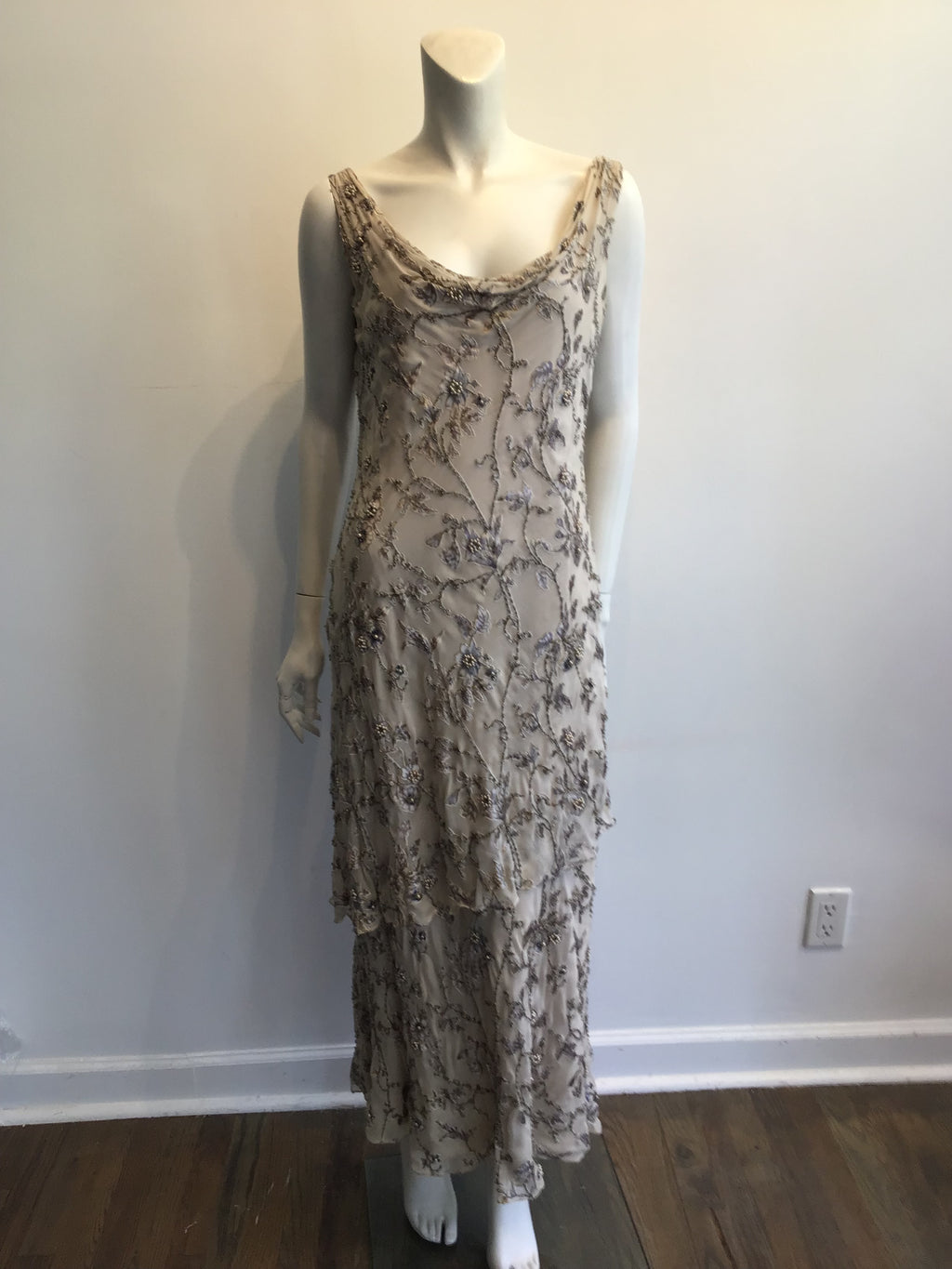 1990s Victoria Royal Taupe Silk Evening Gown Size 16