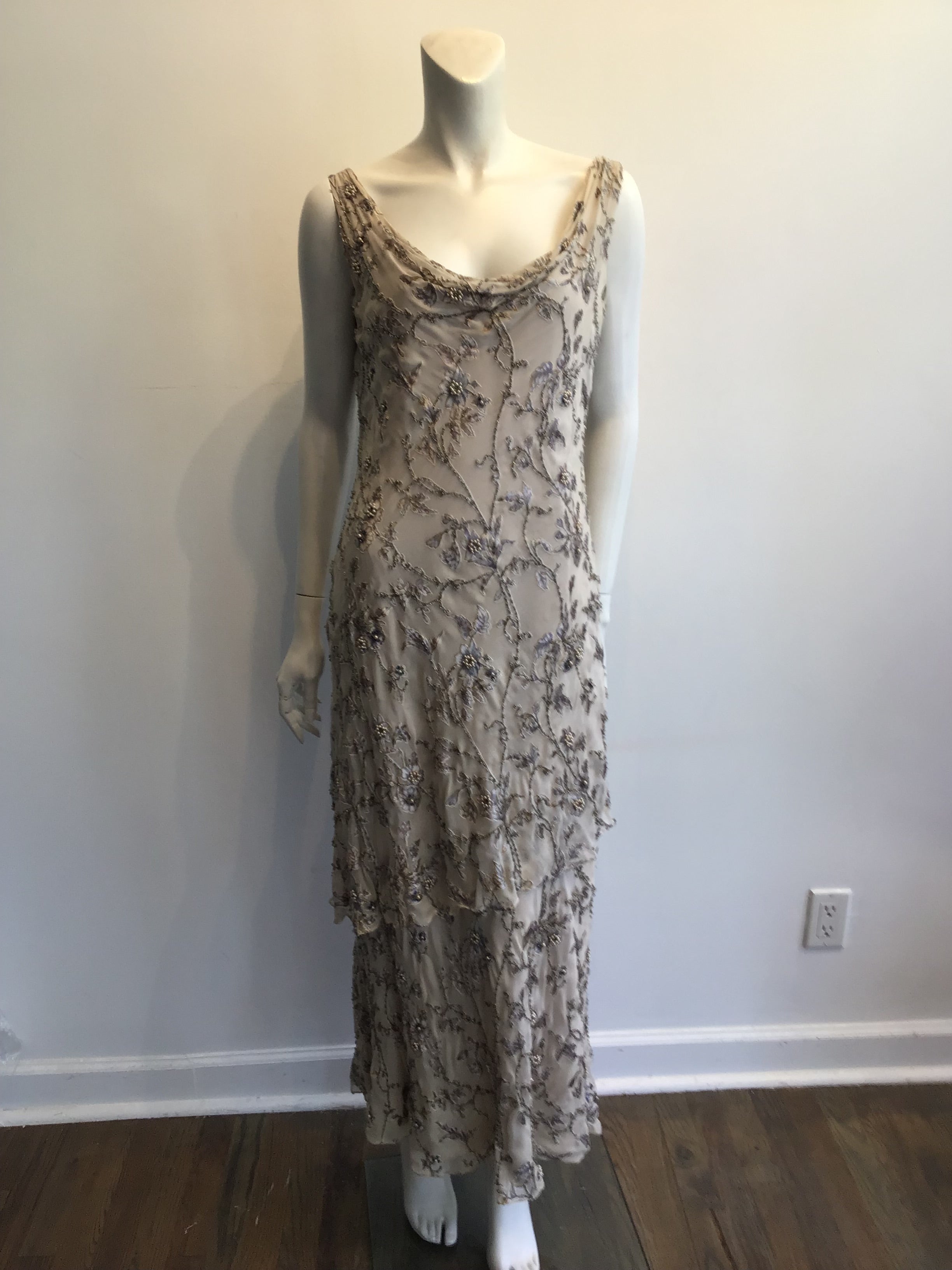 1990s Victoria Royal Taupe Silk Evening Gown Size 16