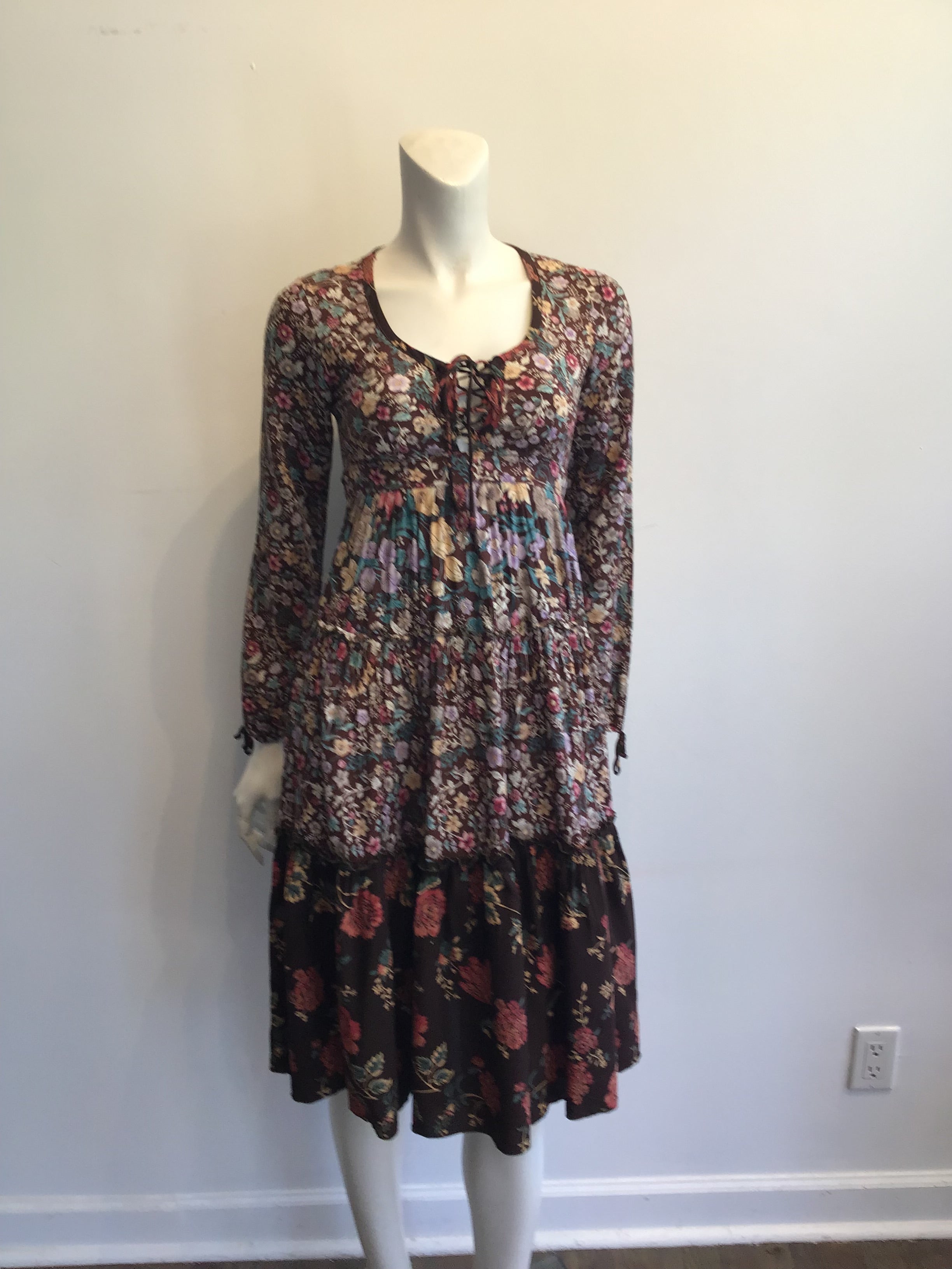 1970s Brown Floral Cotton Dress Size 4
