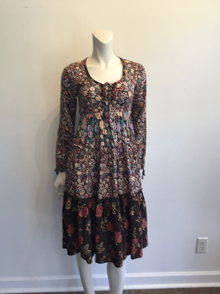 1970s Brown Floral Cotton Dress Size 4