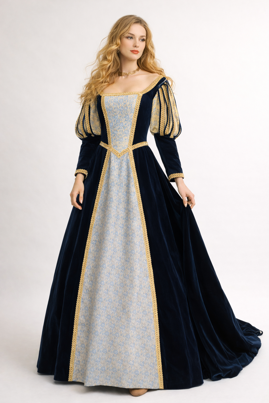 Dark Blue Velvet & Light Blue Brocade Renaissance Gown Costume Rental