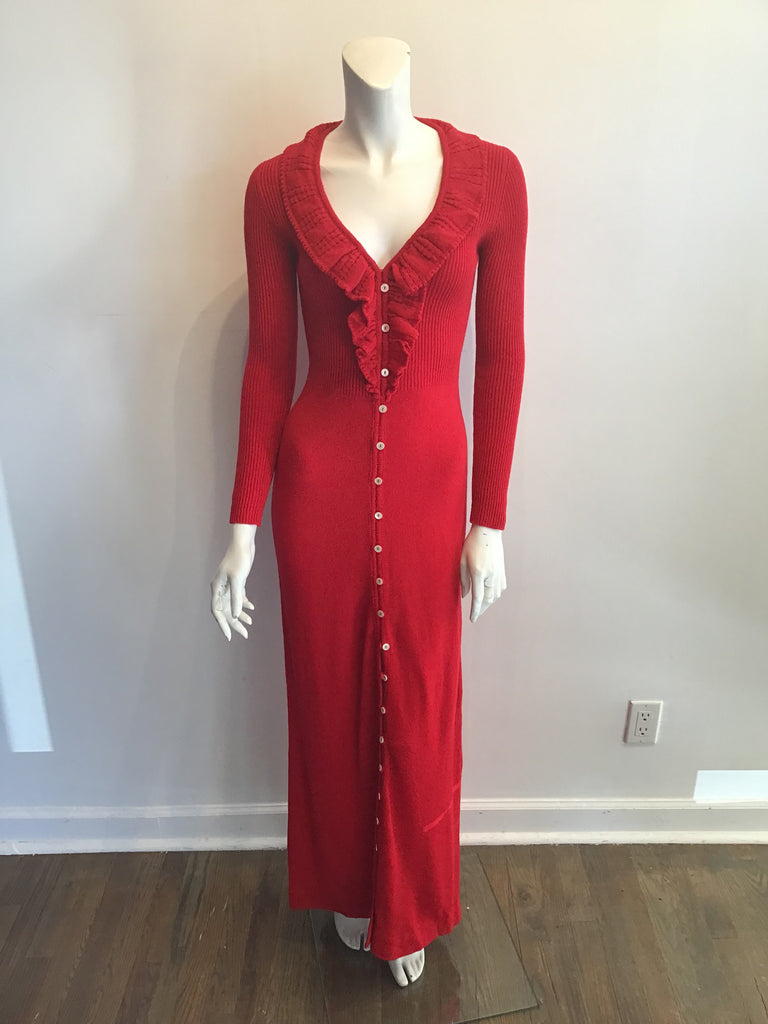 1970s Red Acrylic Knitted Mxi Dress Size 8