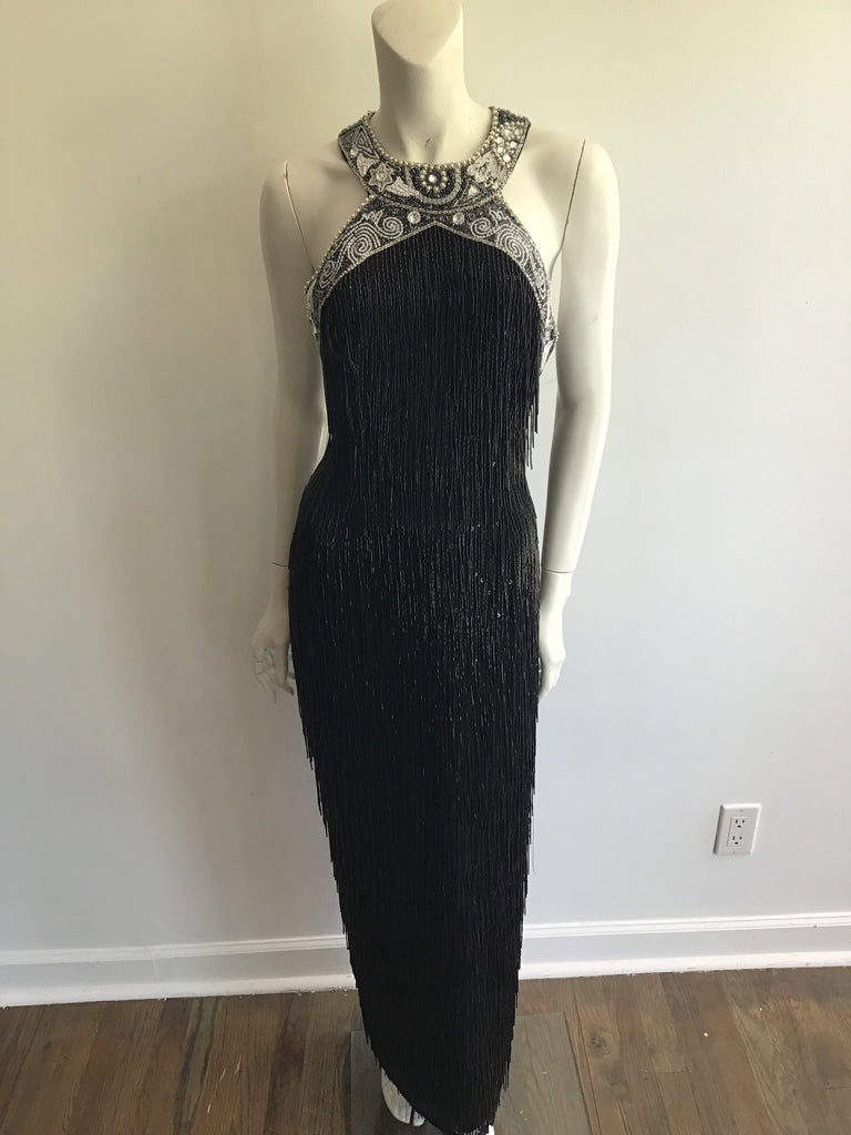 Vintage 1980s Black bead fringe gown with  embellished collar with rhinestones and crystals