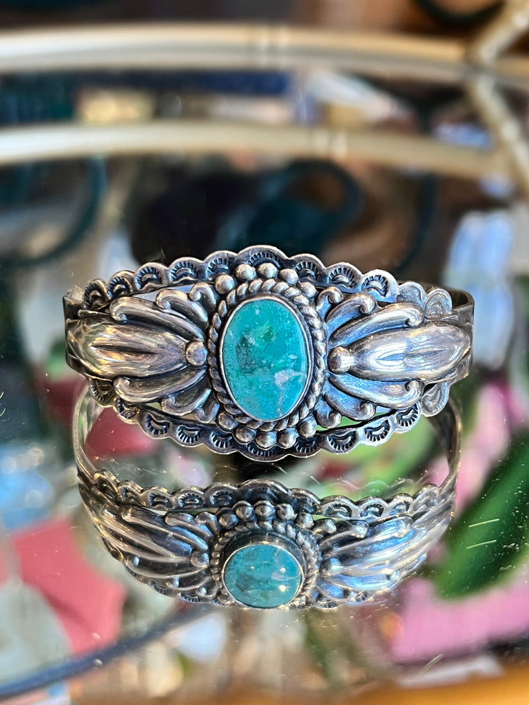 Navajo Sterling Cuff with Turquoise center stone -1970's