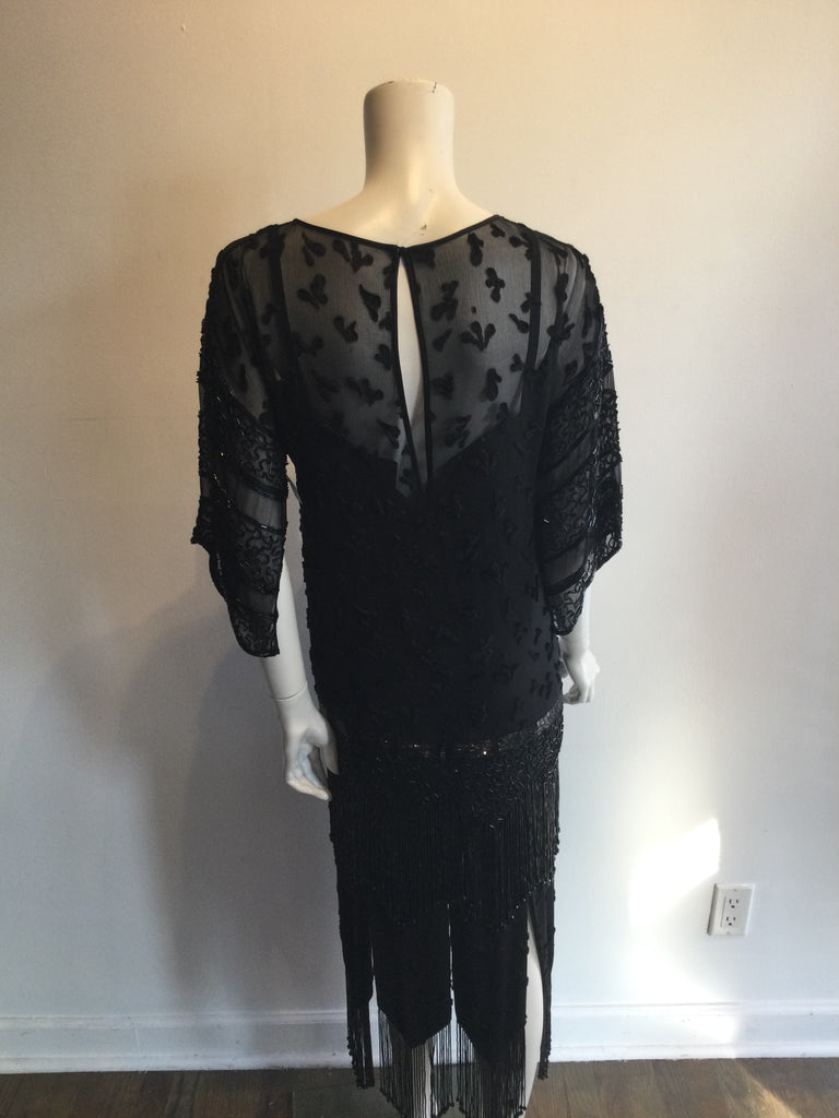 1980's Tony Chase 1920s Inspired Black Beaded Evening Dress
