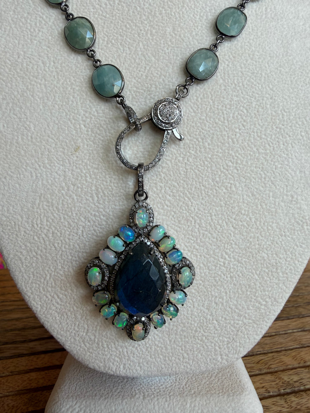 Large Labradorite with Fire Opals & Diamonds, Sterling Silver Pendant Necklace
