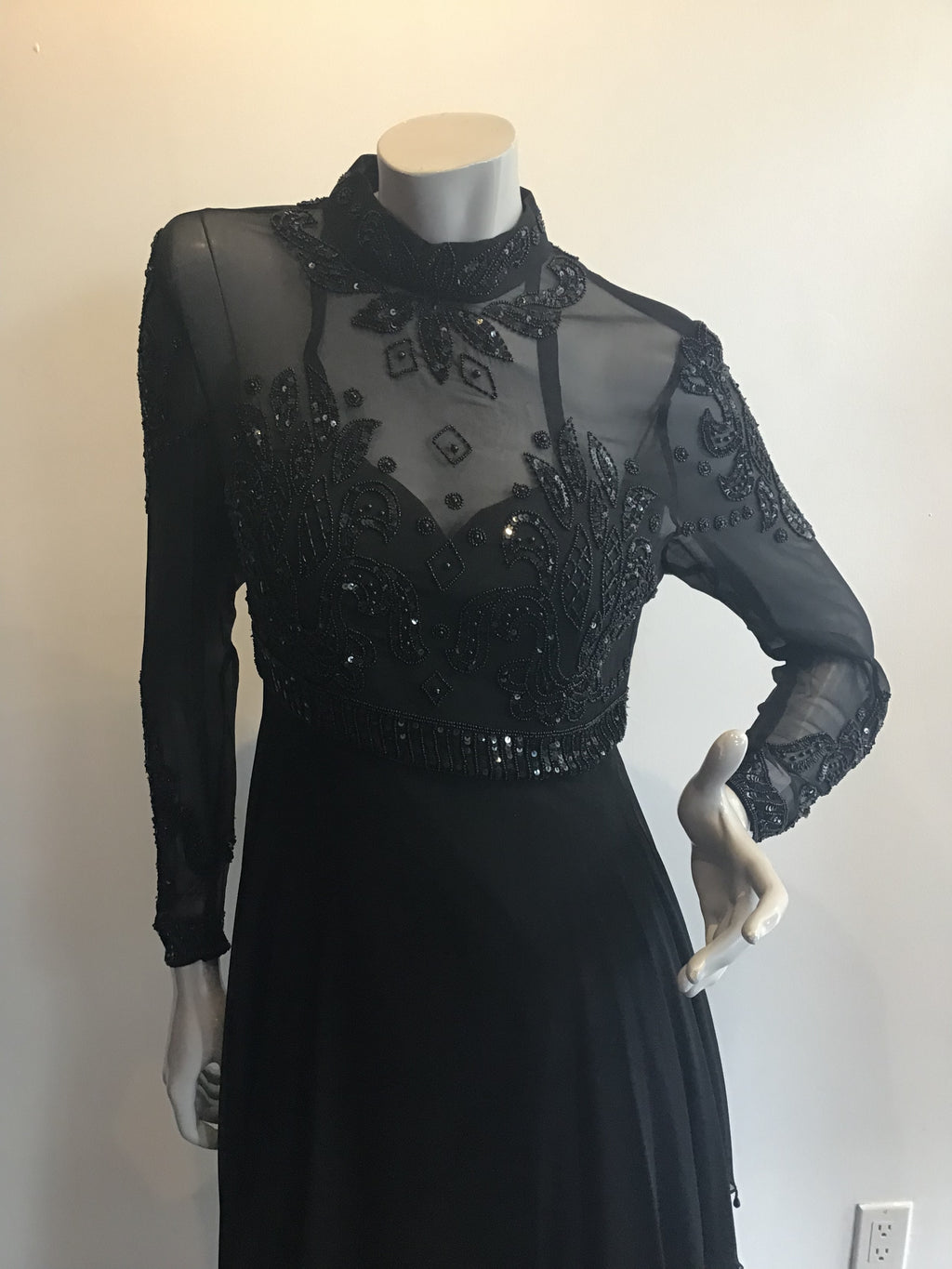 1970's Black Beaded and Sequninned Chiffon Tiered Evening Dress