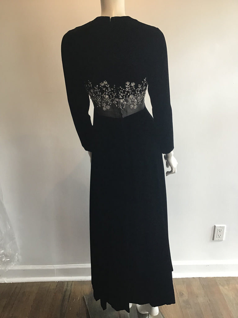 Malcolm Starr Black silk Velvet 1960s gown with rhinstone and crystal detailing at the waist mint condition