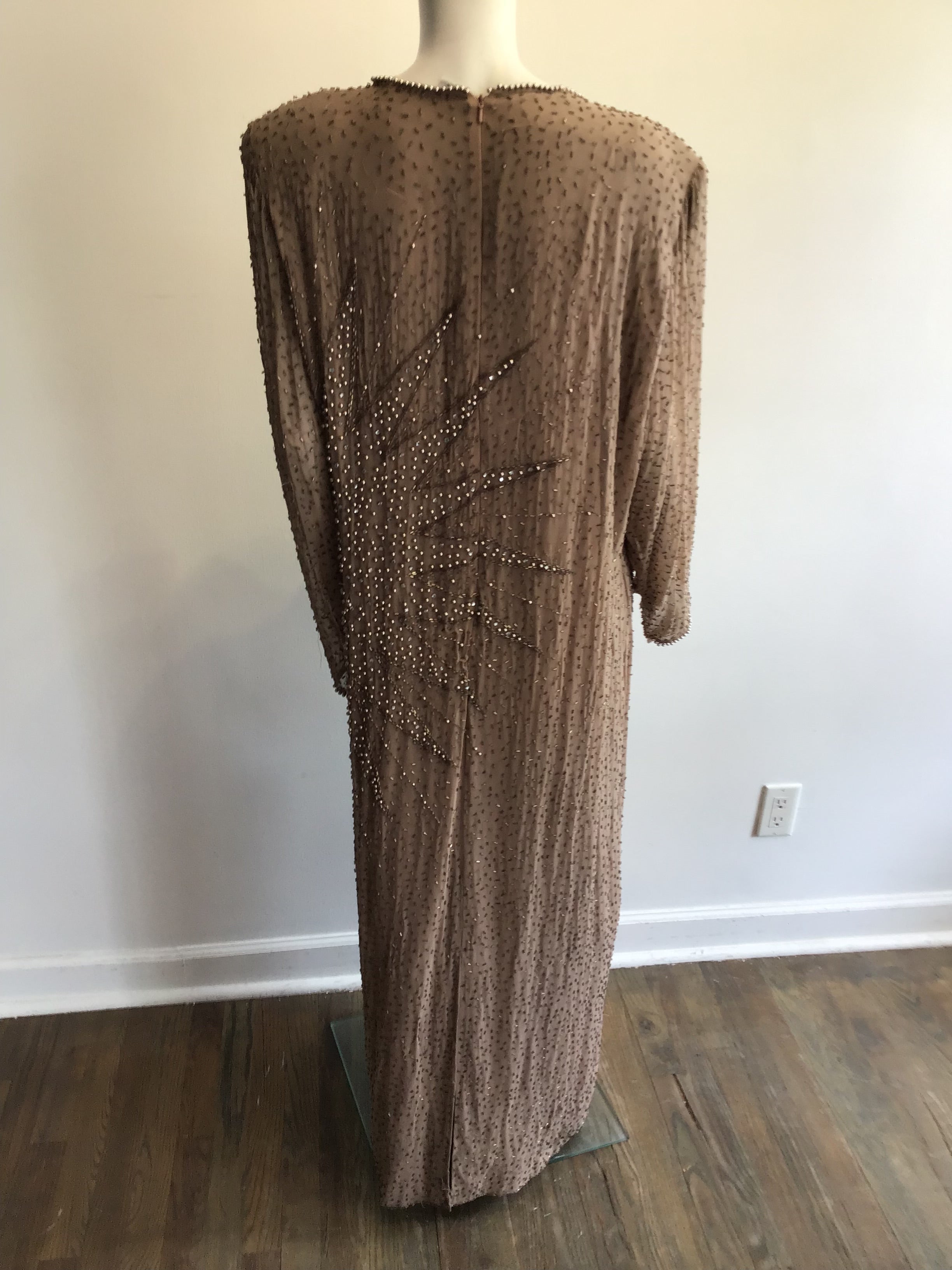 2000’s Oleg Cassini Taupe Silk Beaded Evening Dress Size 16