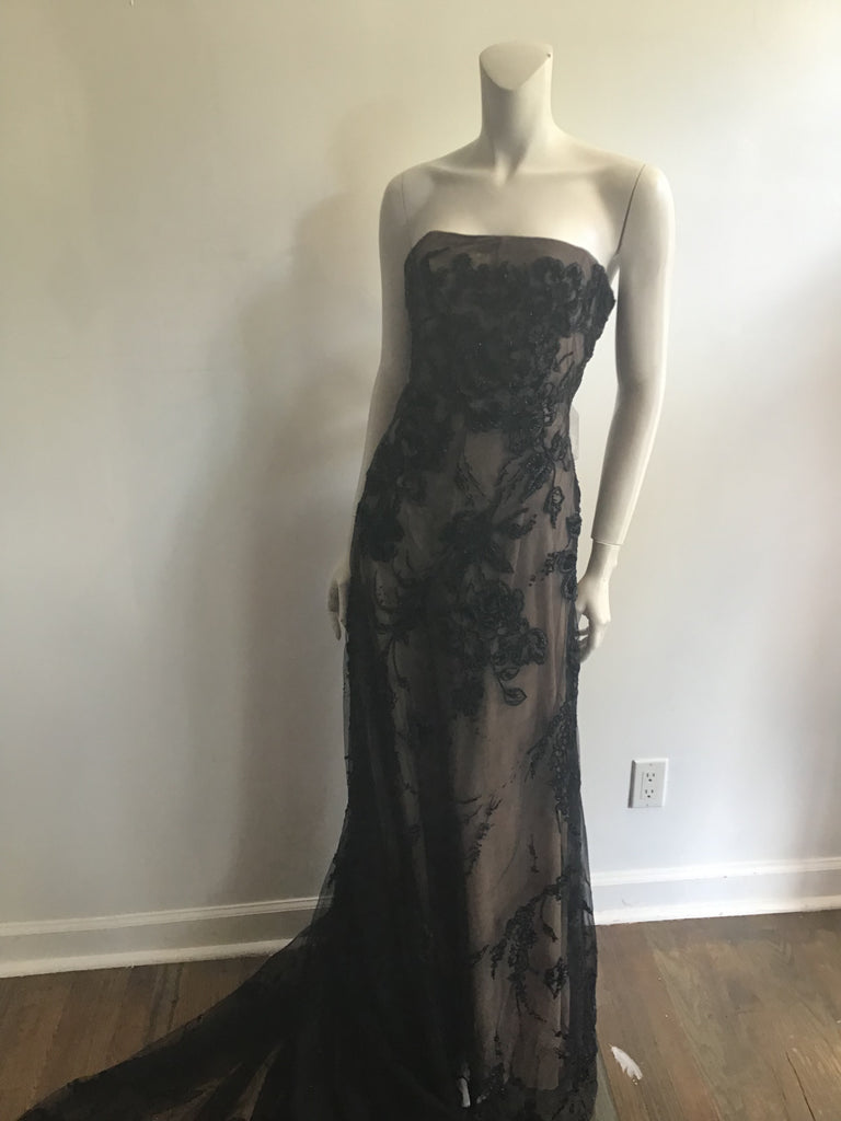 1990s Bagley Mischka Black/beige  Beaded Evening Gown with Train-10/12