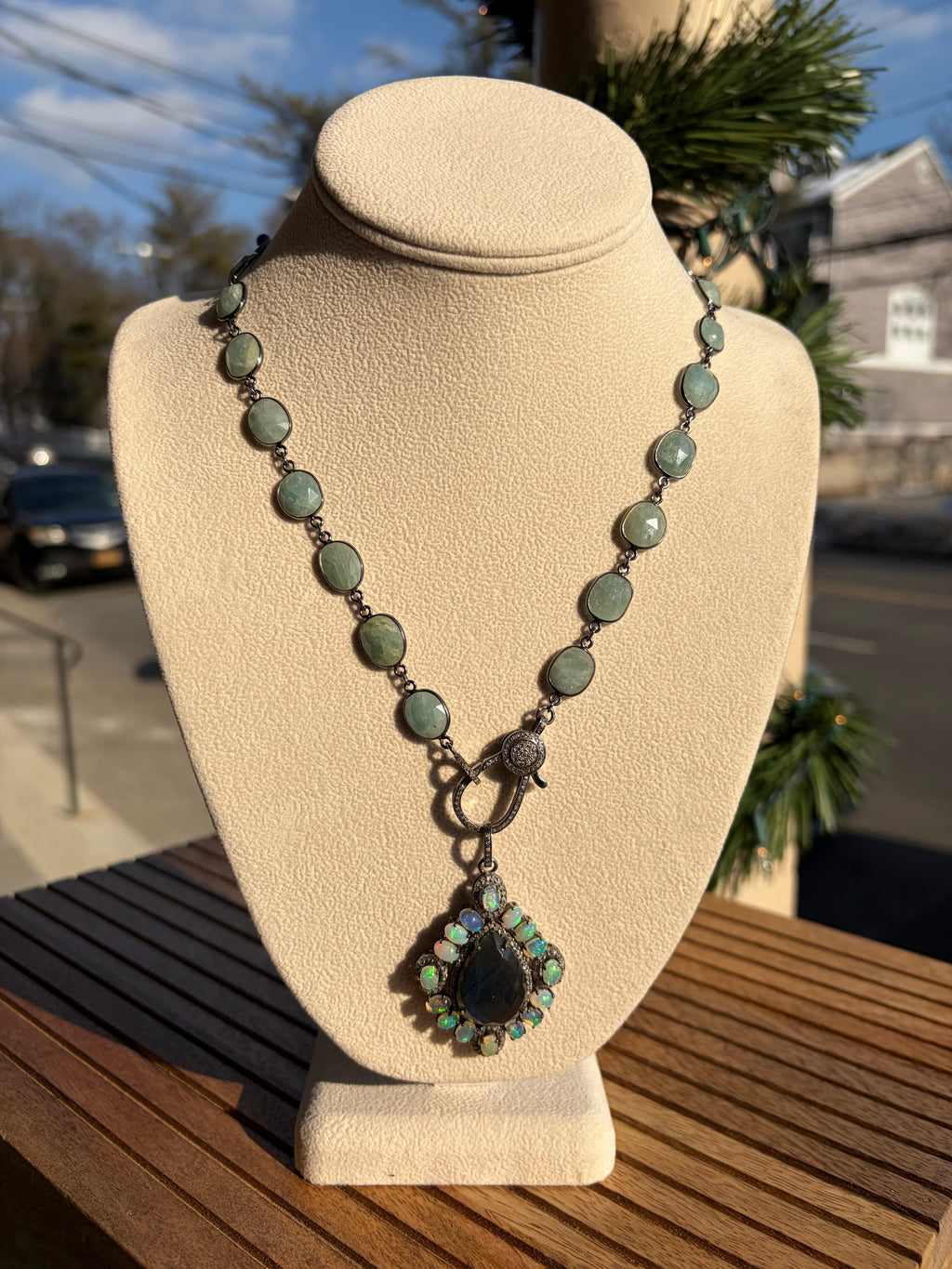 Large Labradorite with Fire Opals & Diamonds, Sterling Silver Pendant Necklace