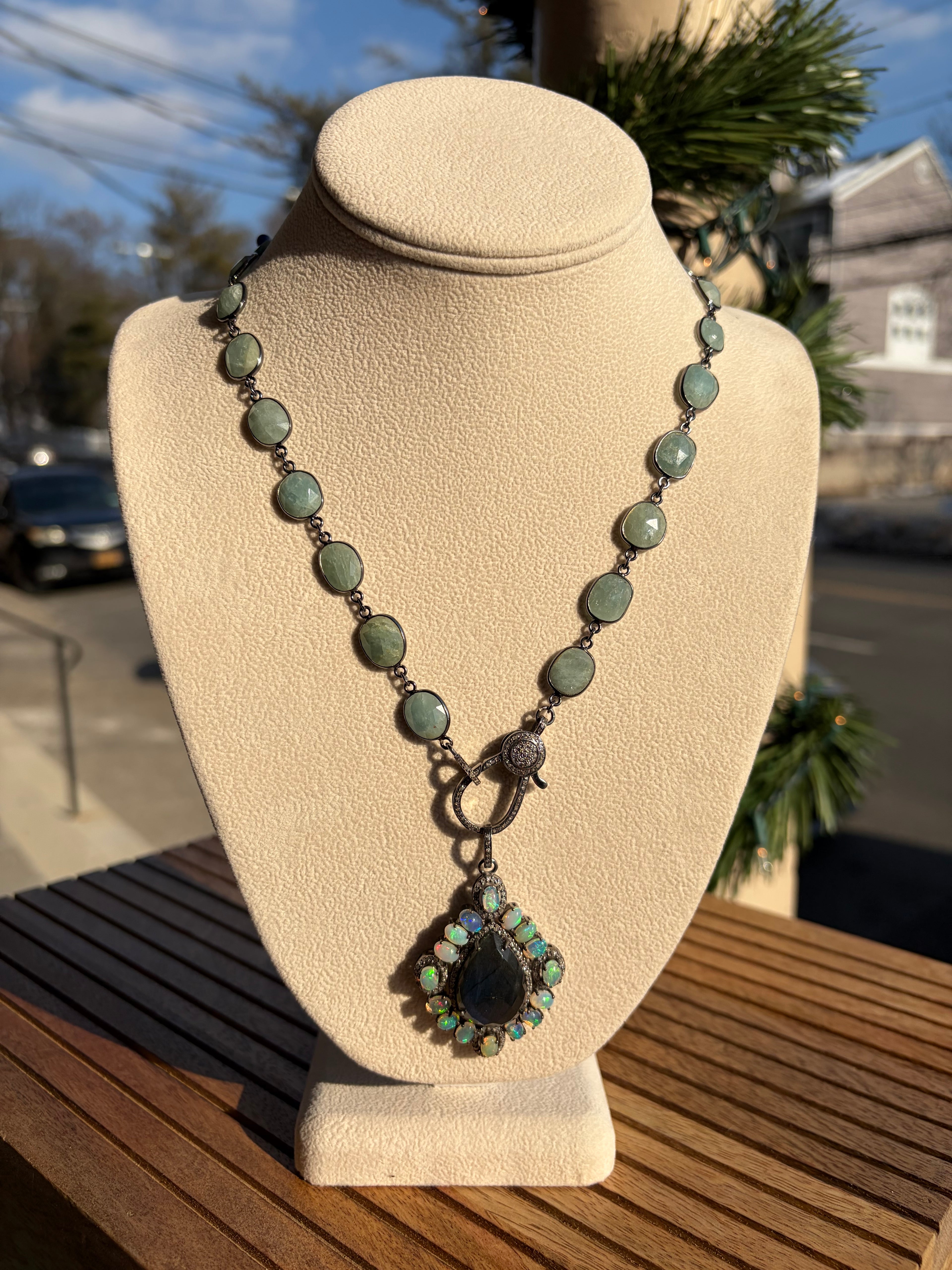 Large Labradorite with Fire Opals & Diamonds, Sterling Silver Pendant Necklace