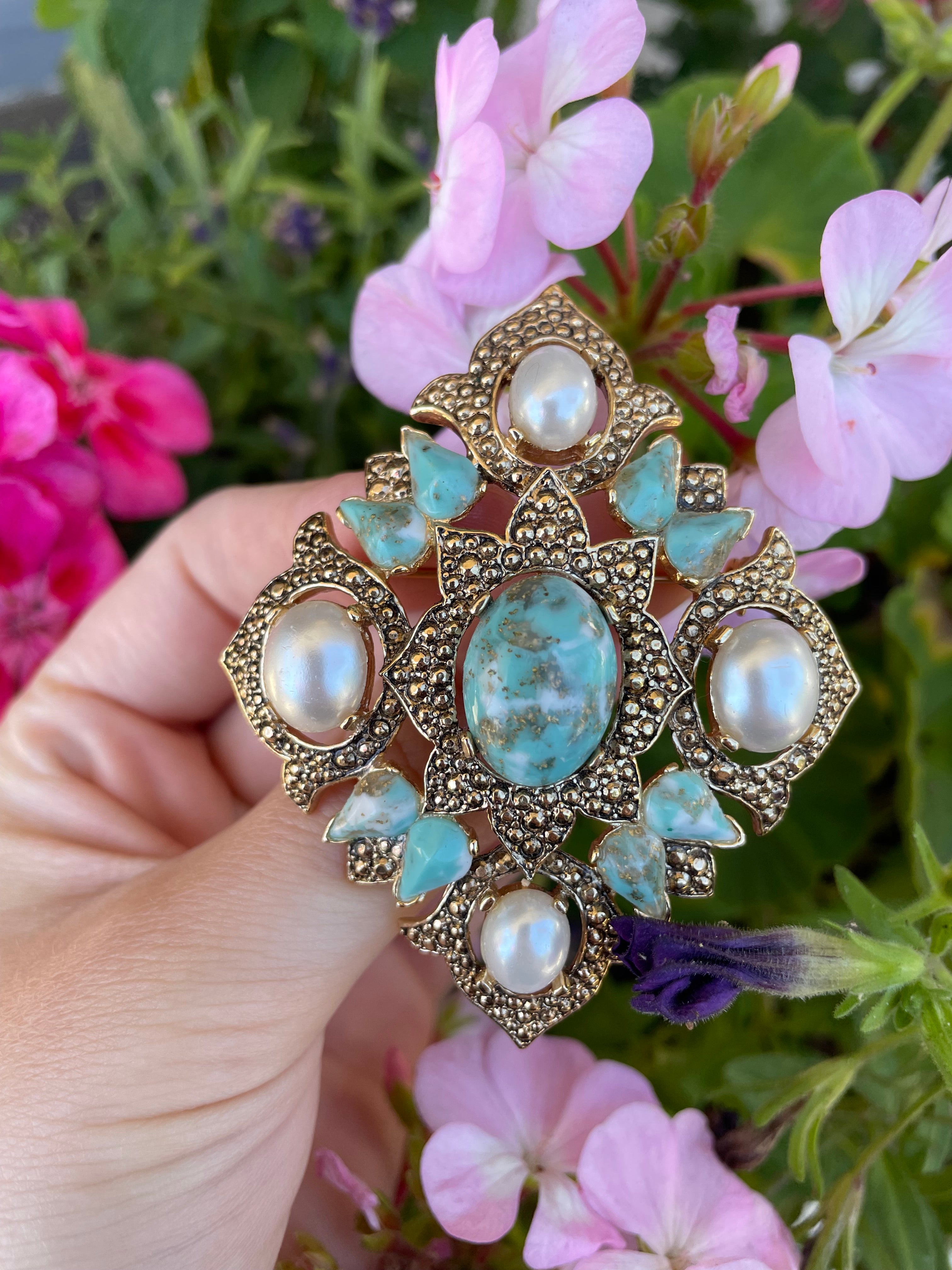 Gold,Pearl, and Faux Turquoise Pin / Brooch