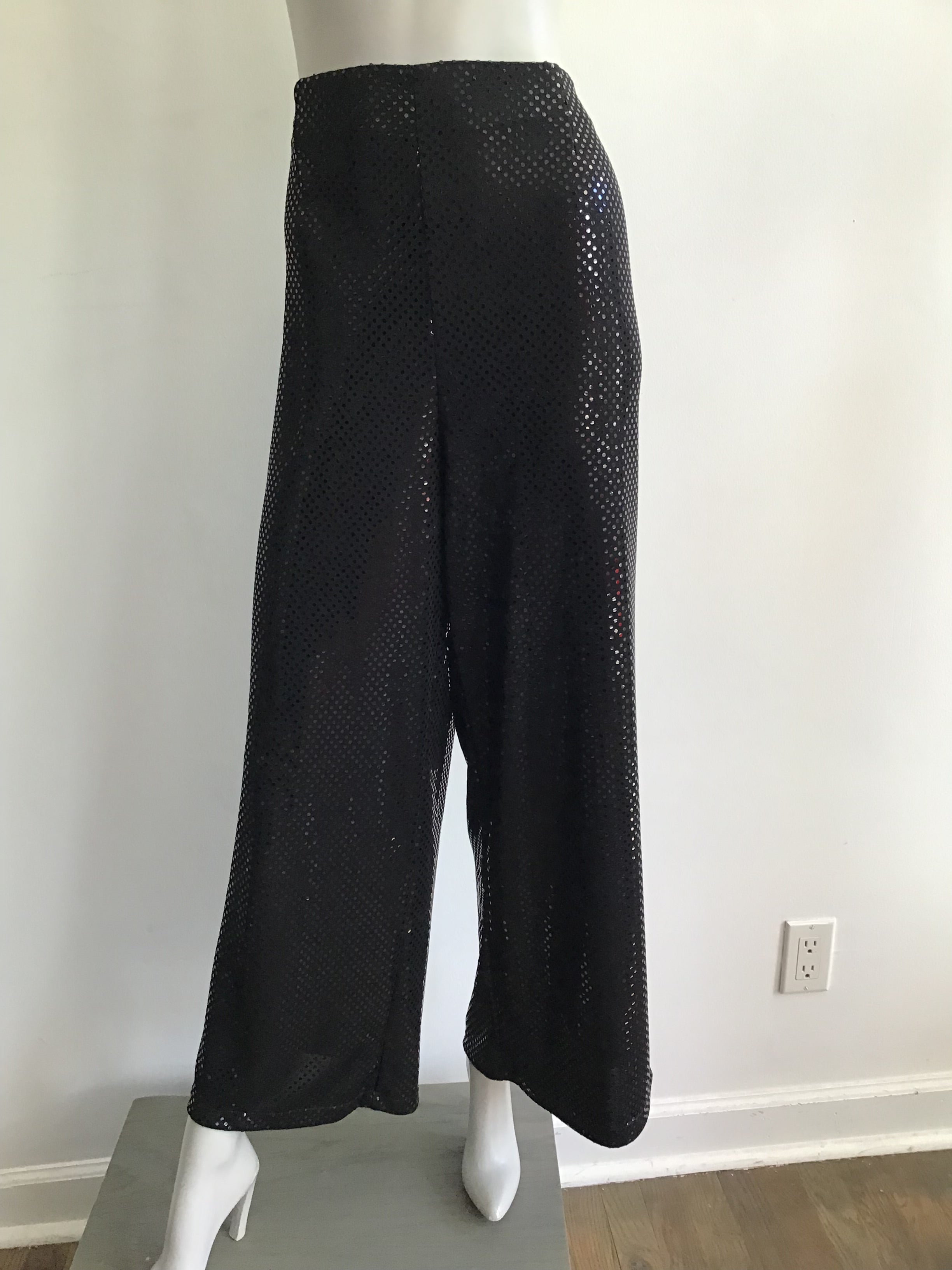 1990s Black Sequined Palazzo Pants by Deanna Cushing Palm Beach Size 14