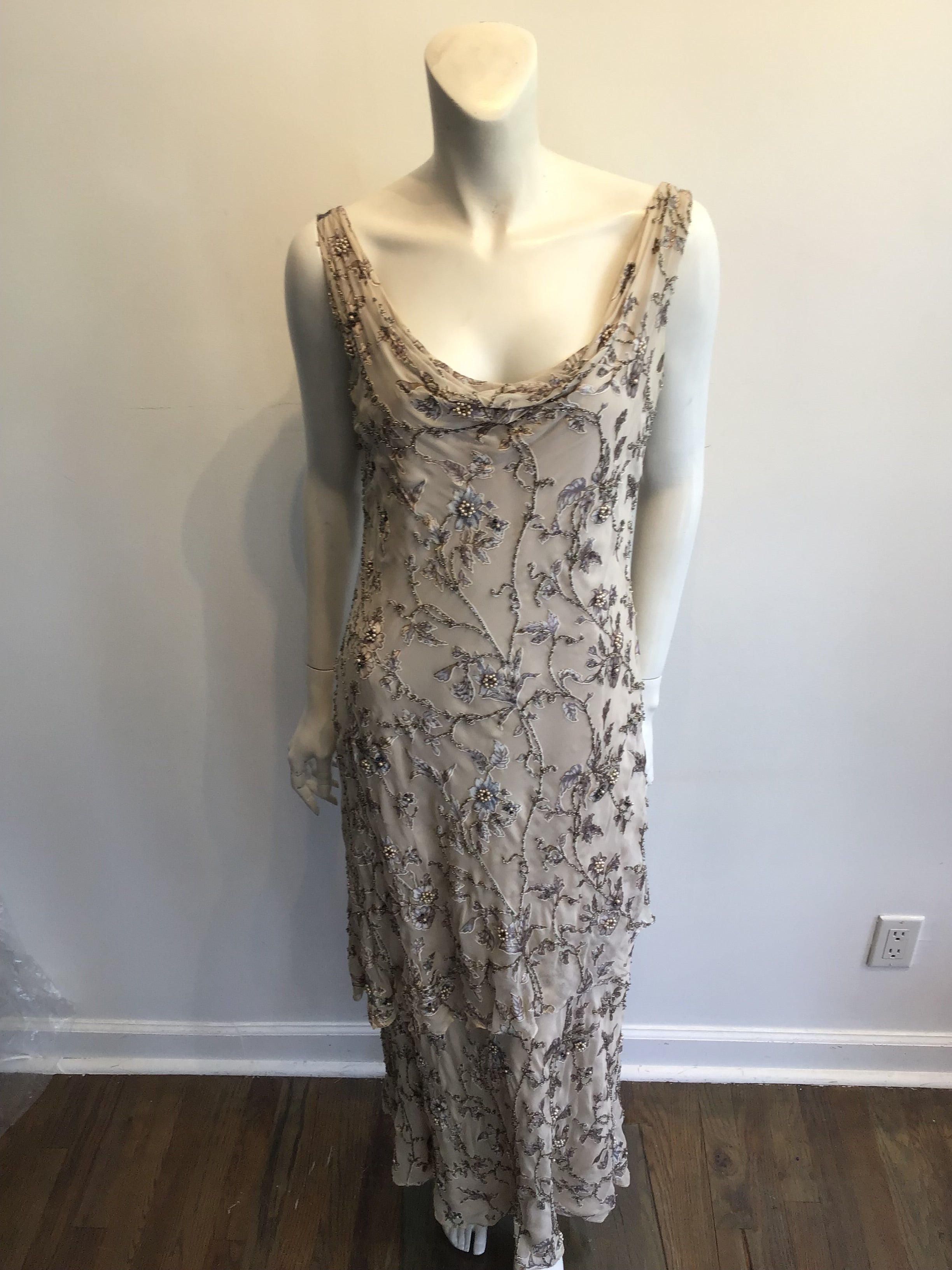 1990s Victoria Royal Taupe Silk Evening Gown Size 16