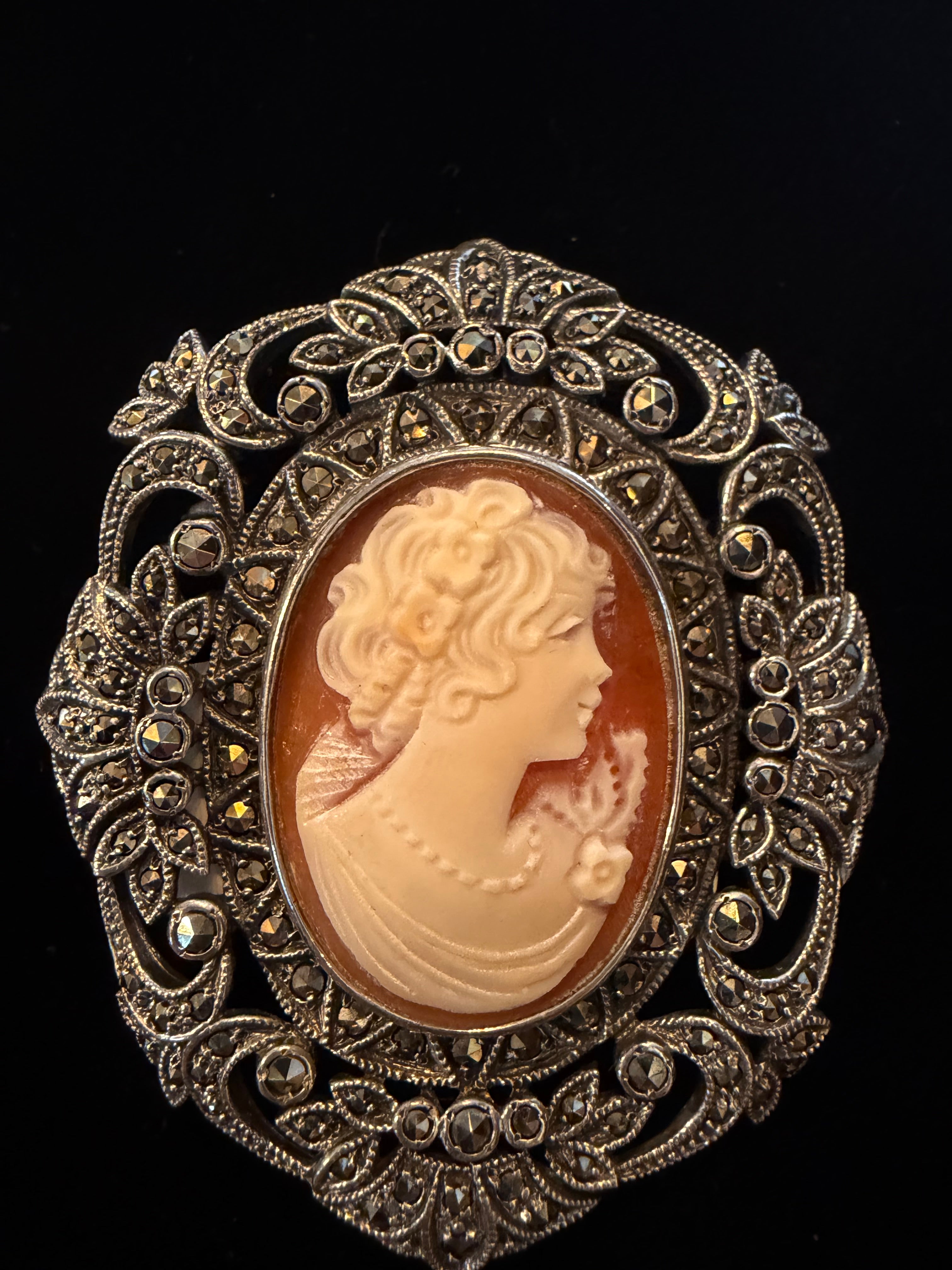 Vintage 1980's Antique Marcasite Cameo Pin / Brooch