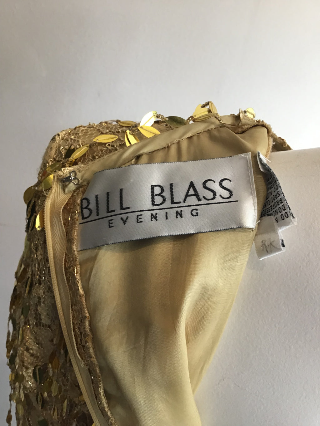 1991 Bill Blass Gold Rayon Blend Sequined Dress Size 8
