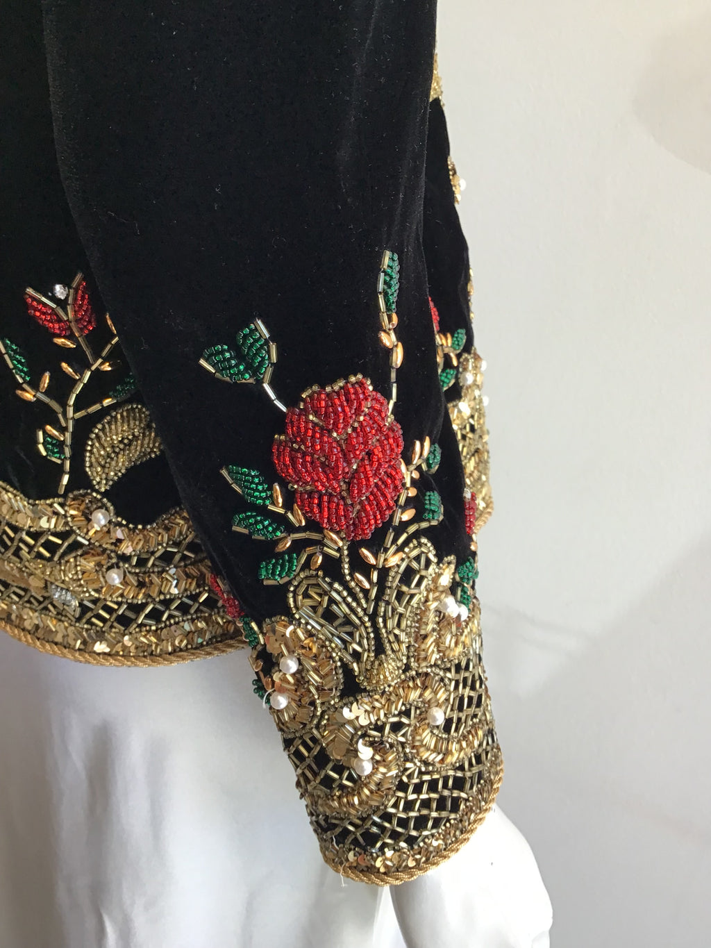 1980s  S. Aton Black Beaded Rayon Velvet  Evening Jacket Size 6