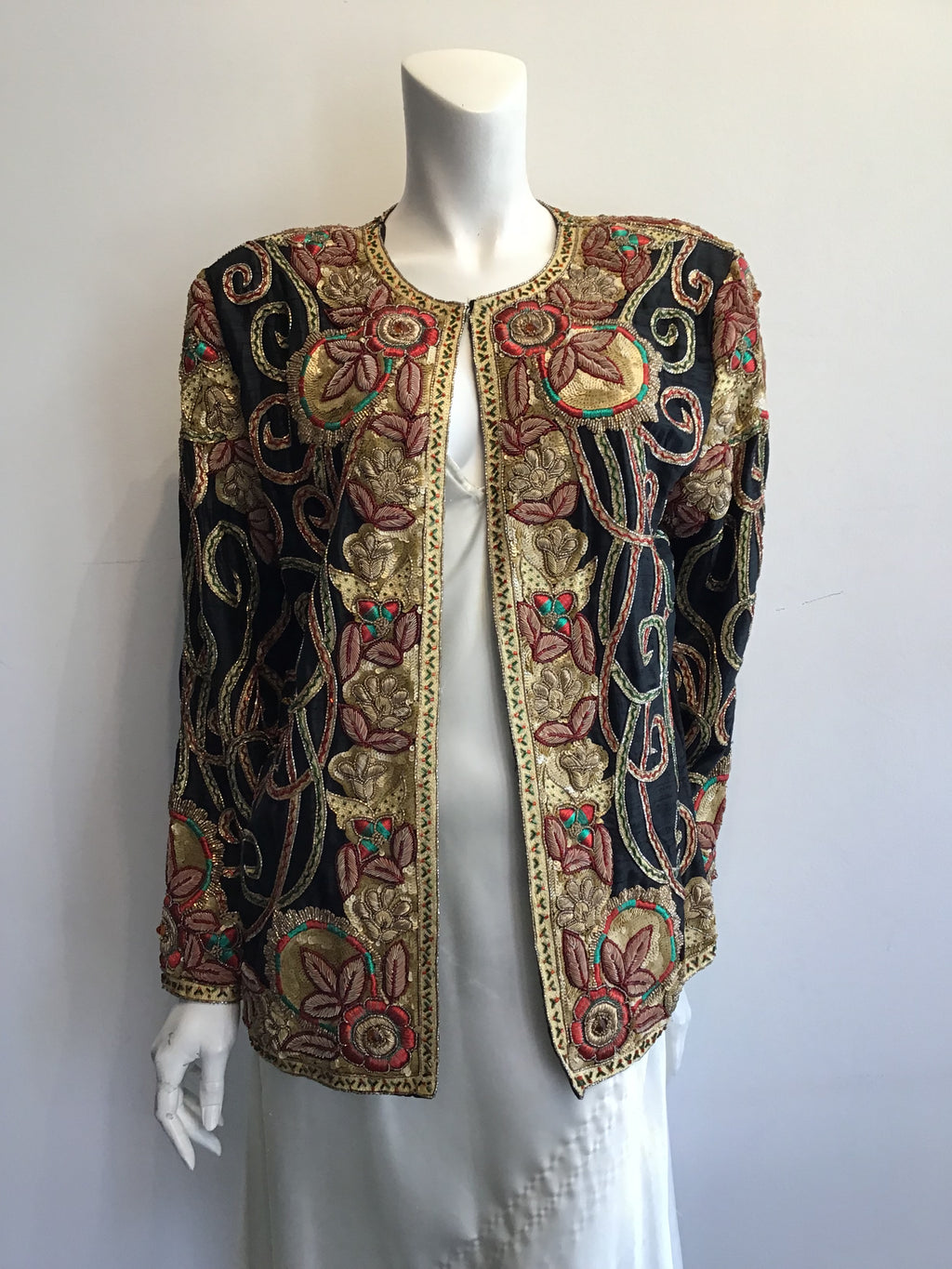 1980’s Black Silk Gold Embroidered and Sequined Evening Jacket Size 8