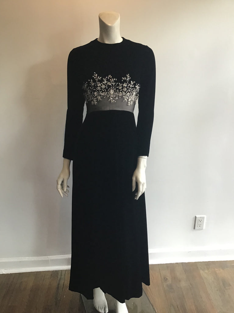 1960's Malcolm Starr Black Silk Velvet Evening Dress with rhinestone and Crystal detailing on bodice illusion waist Size 5/6