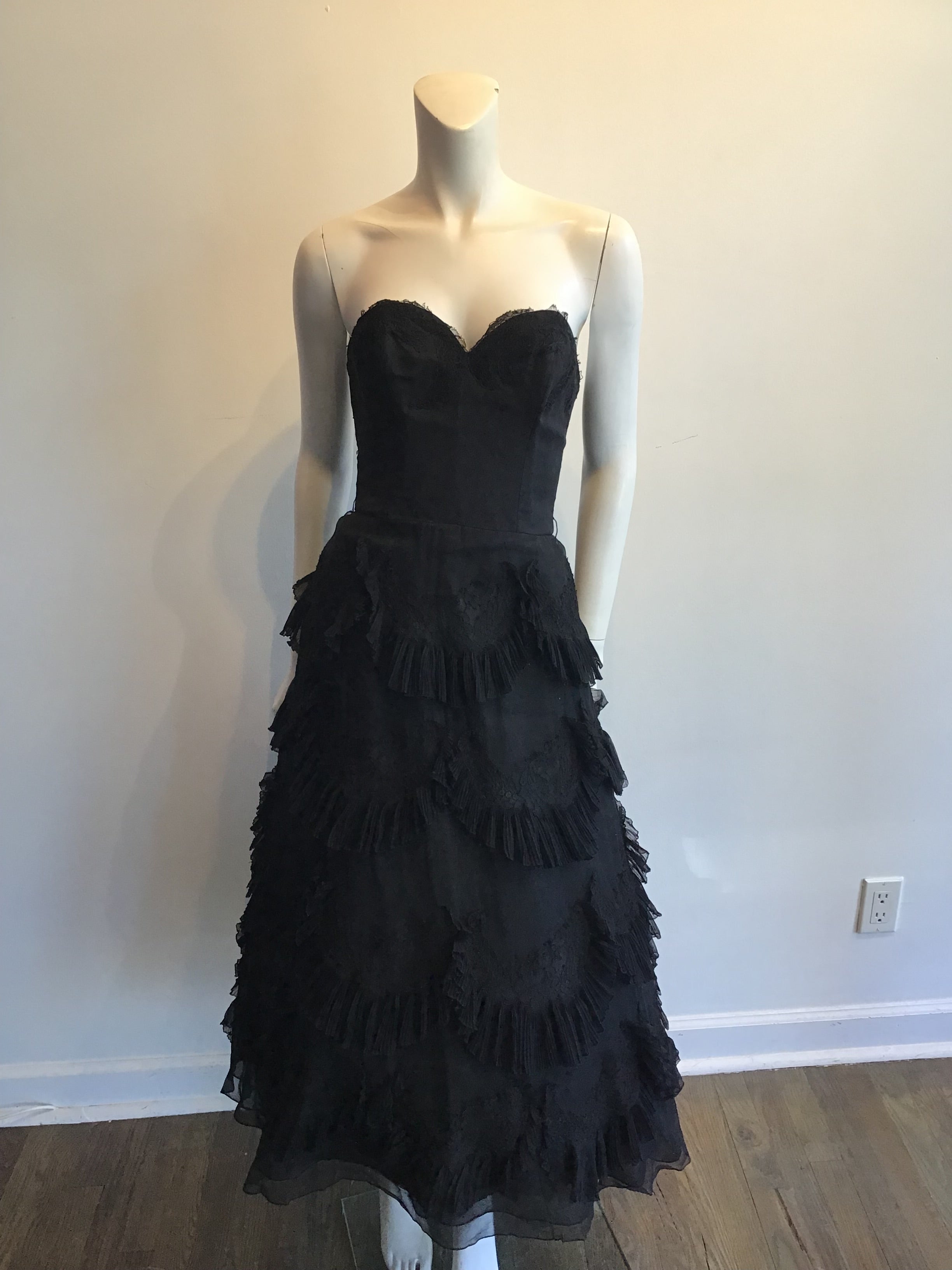 1950s Harvey Brenin Black Organza and Lace Cocktail Dress Size 6