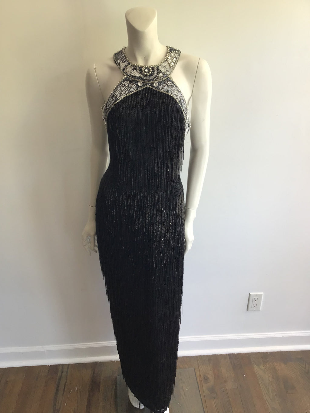 1980's Black Beaded Fringe Evening Dress Size 8
