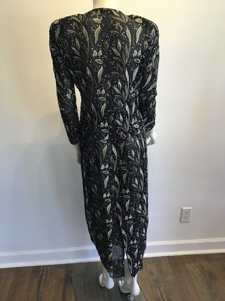 1980s 2 Piece Giorgio Armani Black,Gold and Greenembroidered  Chiffon Evening Ensemble Size 8