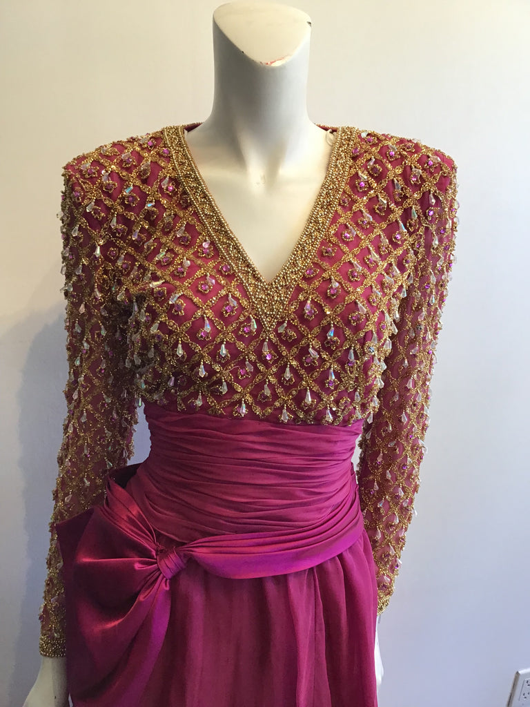 1980’s Cranberry Crepe Beaded Victoria Ltd of Hong Kong Evening Dress Size 8