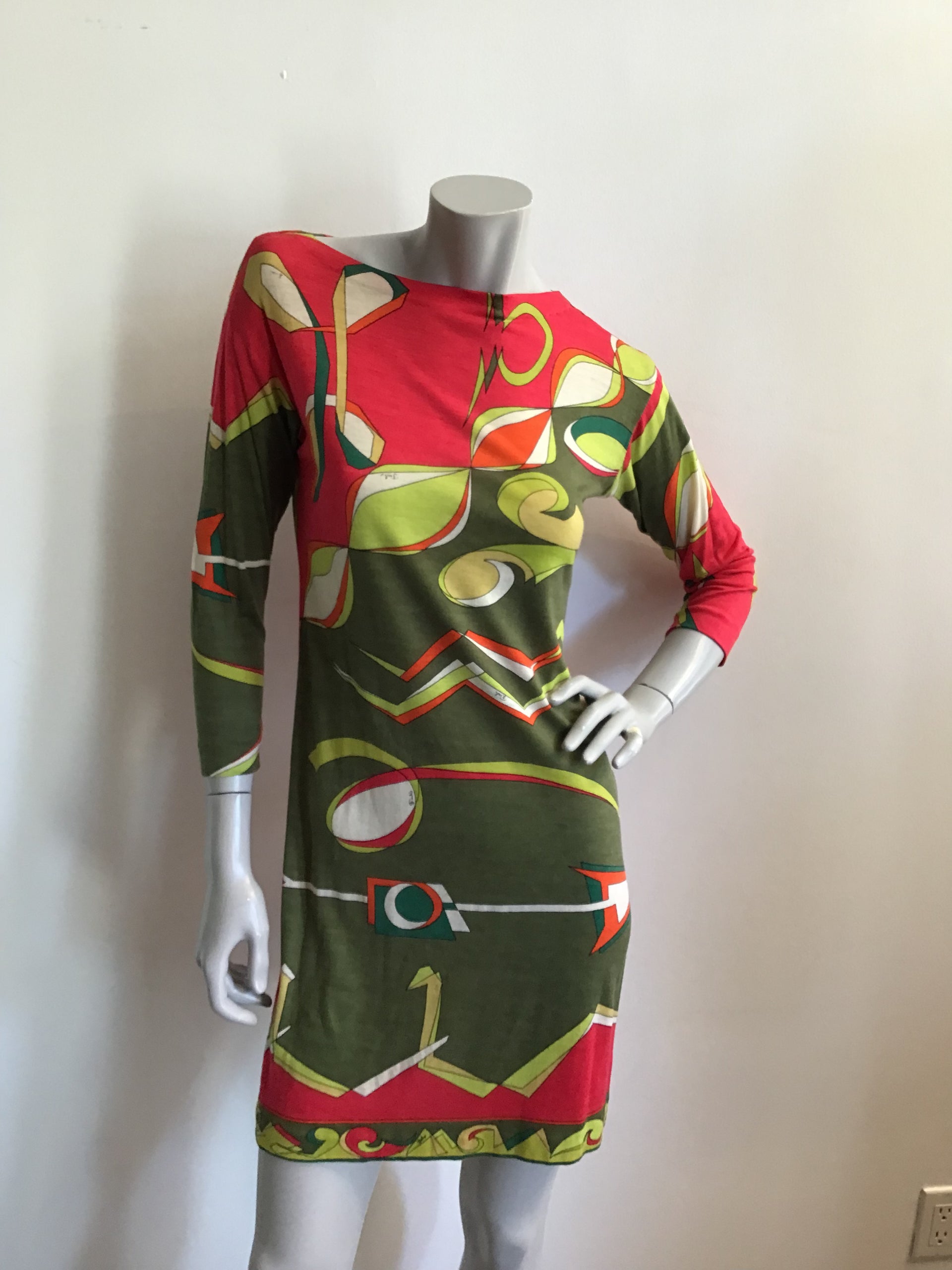 1960s Emilio Pucci Green and Red Cashmere/silk blend printed Shift Dress-size 6